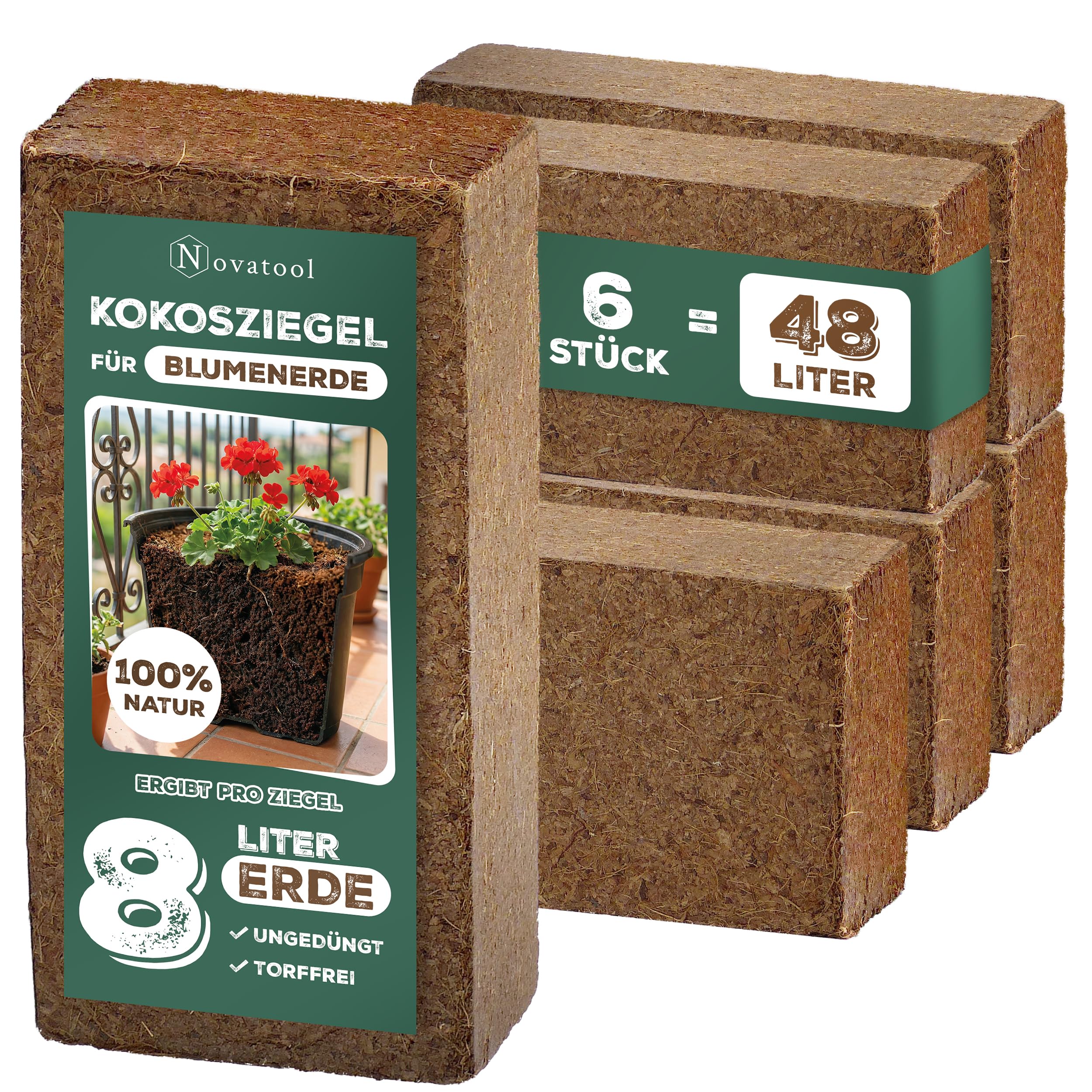 Novatool Lot de 6 Briques Substrat de Coco 48L 650g 20x5,5x10 cm pour Terrarium Reptiles