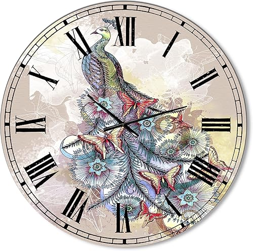 DesignQ Reloj de pared estilo cabaña 'Butterfly Peacock' moderno reloj de pared grande para decoración de dormitorio