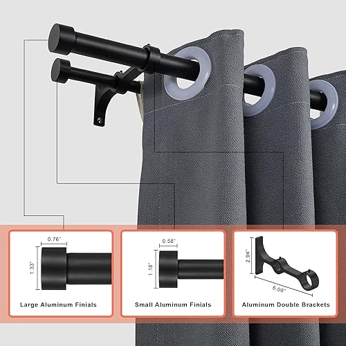 Miniatura 2 de Barras de cortina dobles con tapa de aluminio y soportes envolventes completos, barra delantera de 1 pulgada y barra trasera de 58 pulgadas,