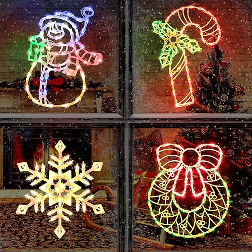 Miniatura 10 de Decoración de luces de silueta de ventana de Navidad, paquete de 4 letreros de color con ciervos, árboles de Navidad, campanas y estrellas para