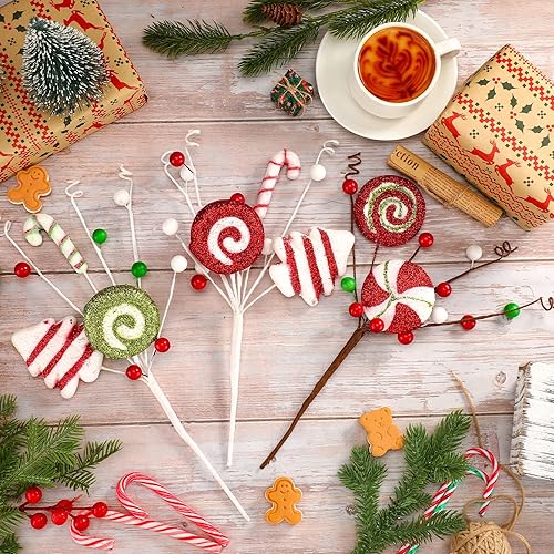 Miniatura 6 de Jutom 12 piezas de palillos para árbol de Navidad, decoración de bastones de caramelo y paletas, decoración de árbol de Navidad, rayas rojas, verdes