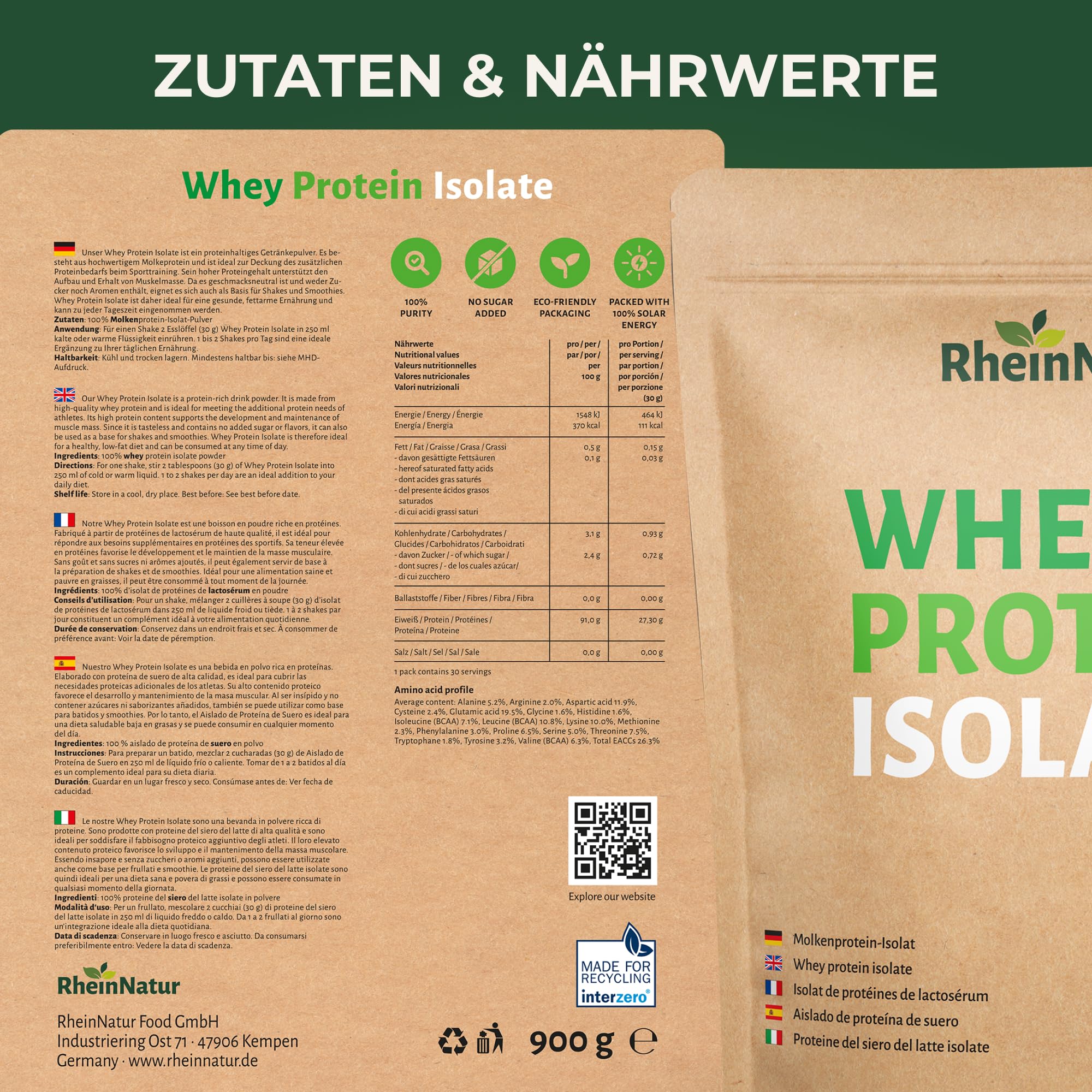 RheinNatur Whey Protein Isolate 900 g - Molkenprotein-Isolat, 91% Eiweißanteil, ohne Zuckerzusatz