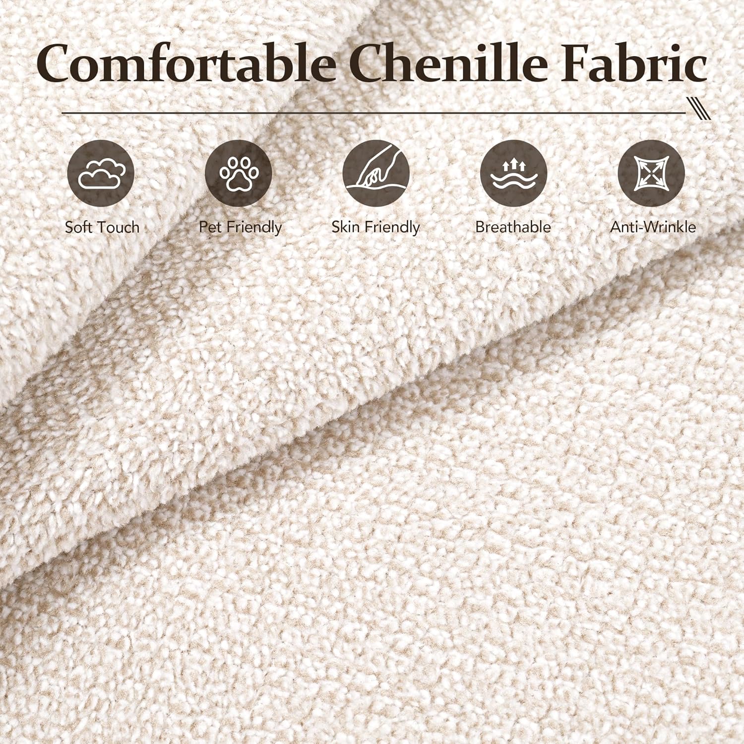 Close-up image of the chenille fabric, highlighting its soft touch, pet-friendly, skin-friendly, breathable, and anti-wrinkle properties.