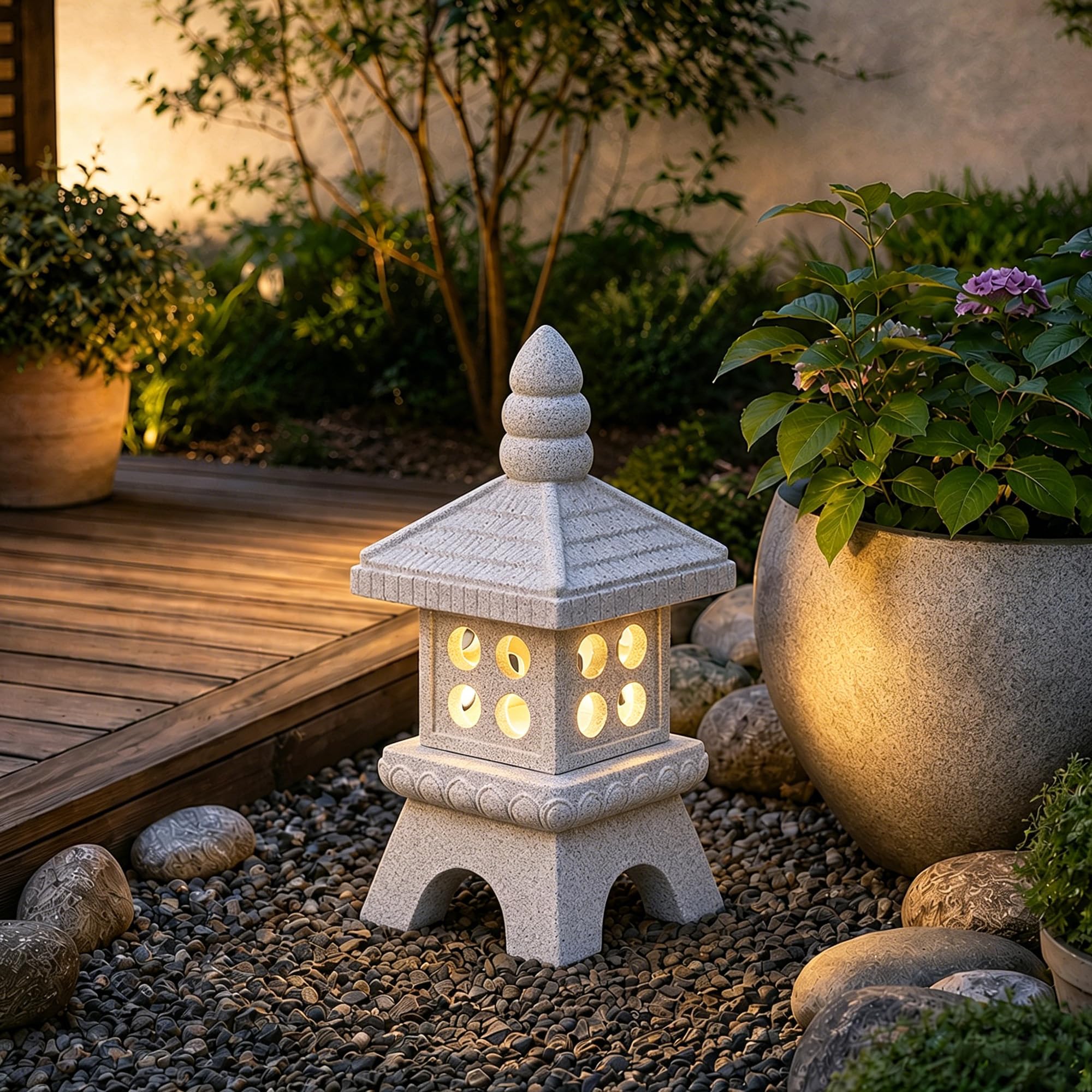 Yeomoo Pagoda solar con iluminación LED, decoración de jardín zen de piedra de resina, para jardín, terraza e interior, resistente a la intemperie, para mujeres y hombres, 29 cm