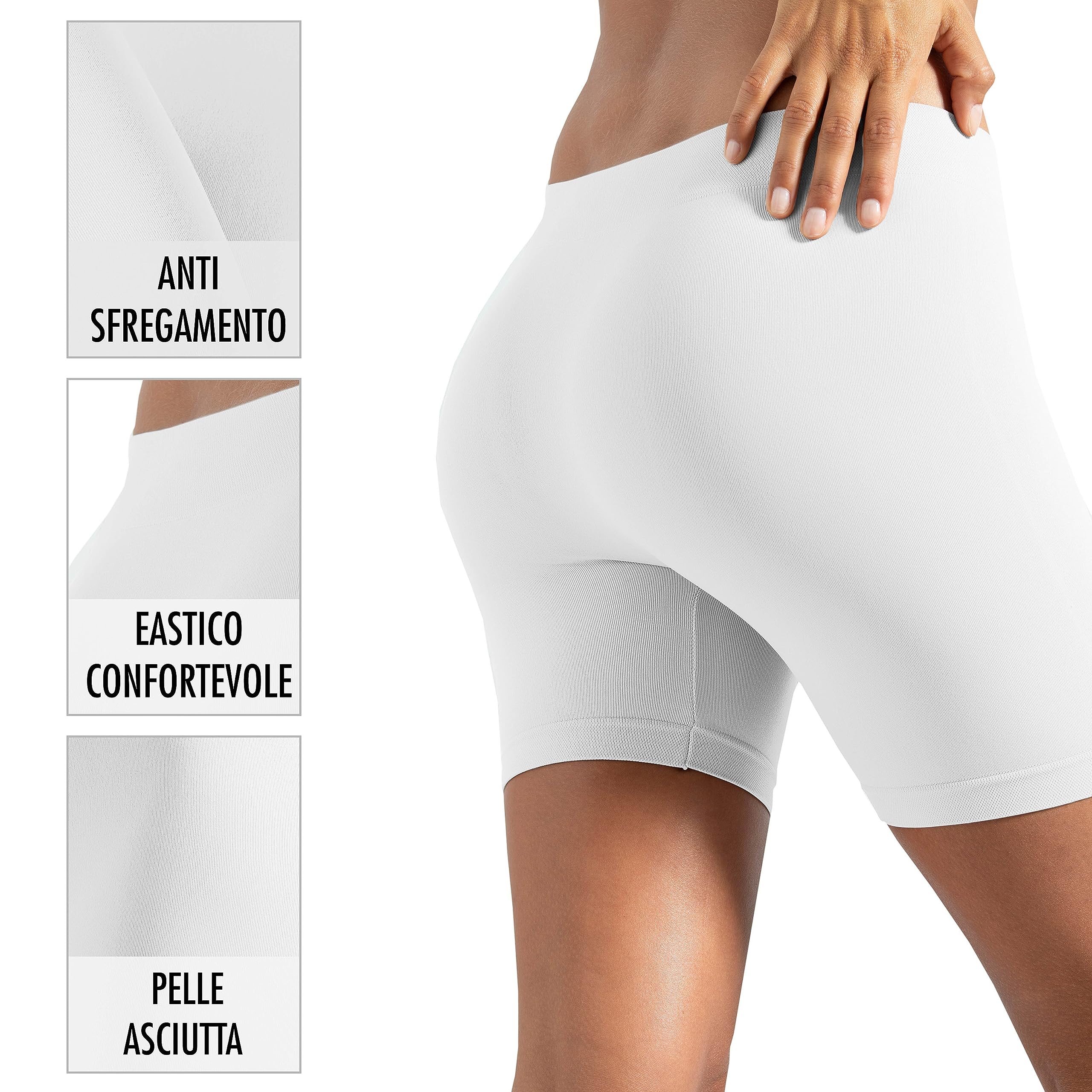 Risalti Pantaloncini Antisfregamento Donna Microfibra 3 pz- Pantaloncini Sottogonna Donna Elasticizzati, Antisfregamento Cosce Donna, Leggins Corti Donna, Shorts Senza Cuciture - 100% Made in Italy