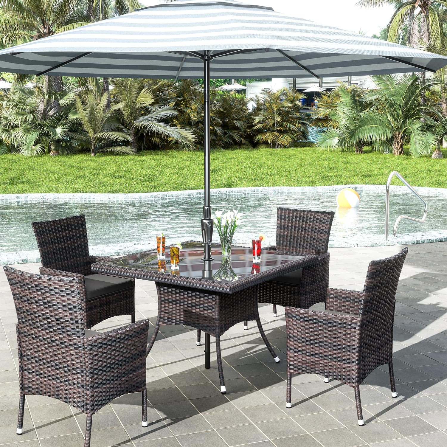 15 Pieces Outdoor Patio Dining Set,Patio Table and Chairs Rattan Outdoor Patio Furniture Set with Umbrella Hole,Dining Table Set for 12 with Chairs for Backyard,Garden and Kitchen,Grey