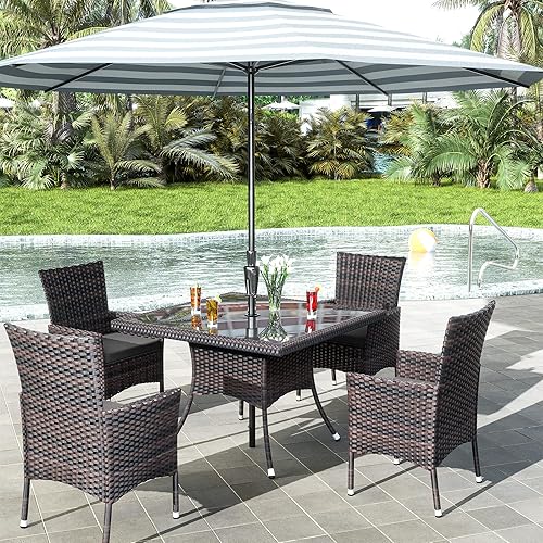 Miniatura 7 de Juego de 10 piezas de comedor para patio al aire libre, mesa de patio y sillas de ratán con agujero para paraguas, juego de mesa de comedor para 8