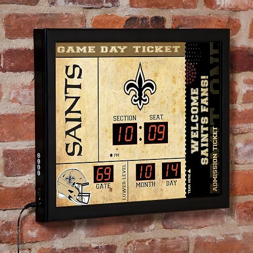 NFL New Orleans Saints Scoreboard Digital Wall Clock with Bluetooth Speaker, Vintage Wall Decor for Sports Man Cave, Game Rooms, Gift for Football Fans