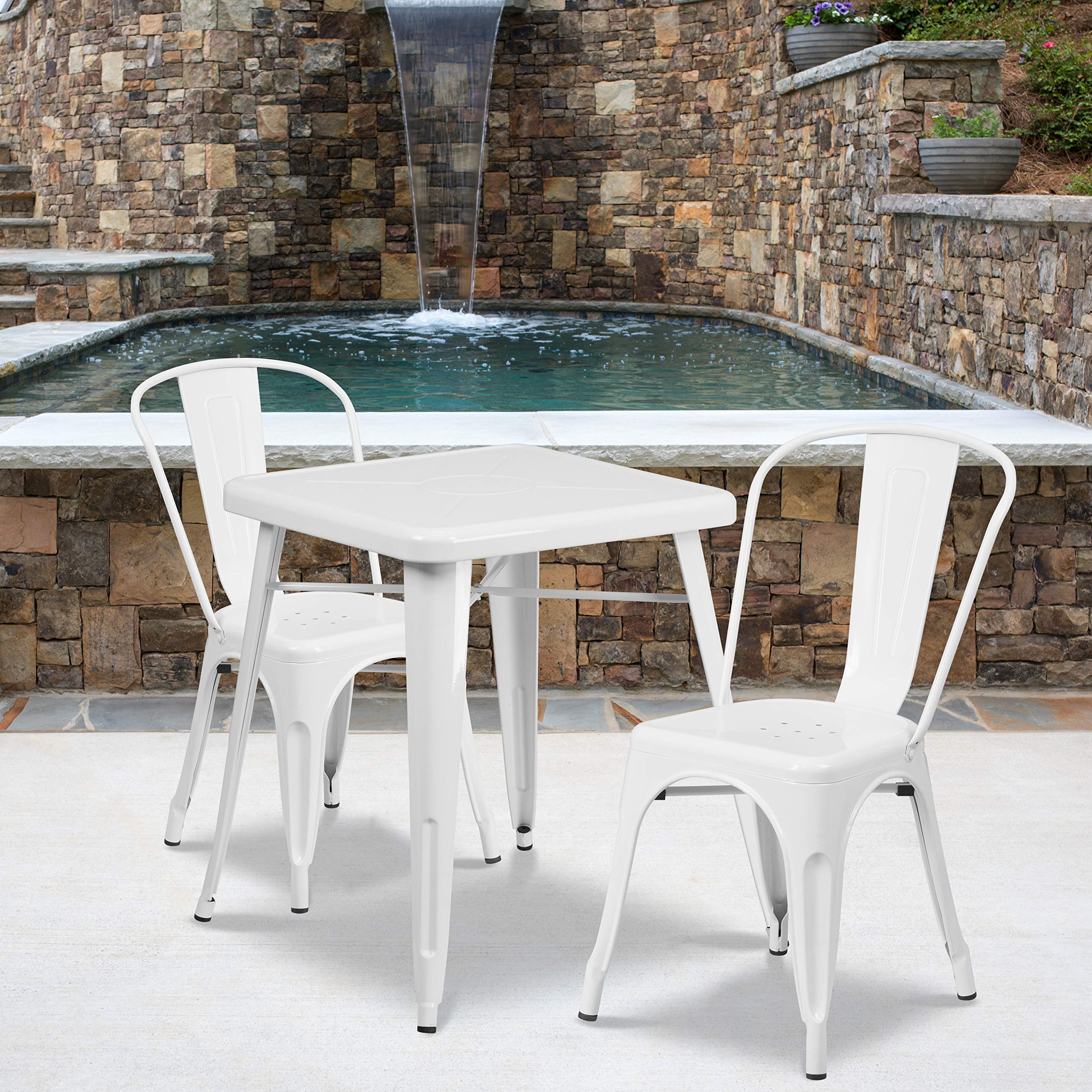 EMMA + OLIVER Commercial 23.75" Square White Metal Indoor-Outdoor Table Set-2 Stack Chairs