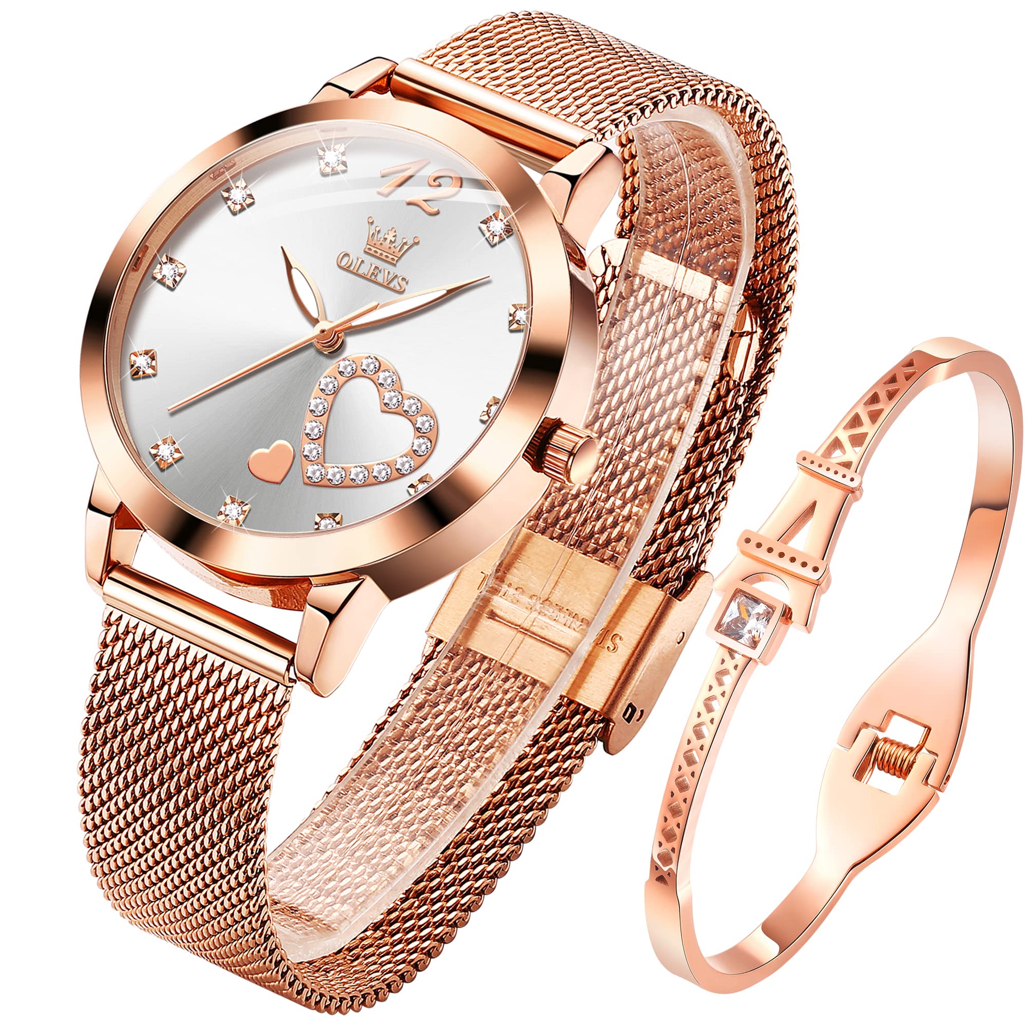 OLEVS Montre pour Femme Or Rose avec cœur Diamant Noir et Blanc Visage Quartz étanche Bracelet Ensemble Montres pour Femme
