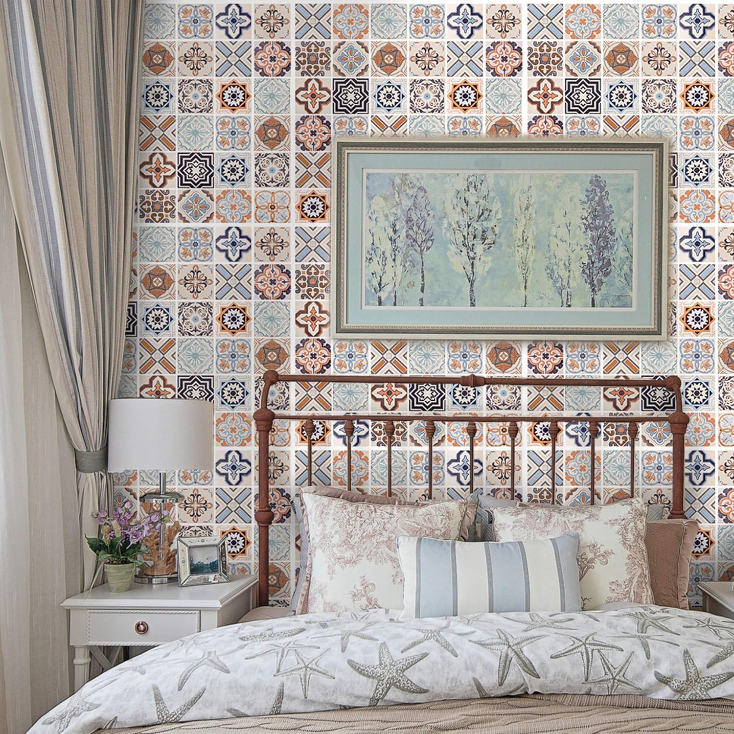 Dundee Deco MGBHAZ-92655 Geometric Teal Orange Brown Black Shapes in Squares Peel and Stick Self Adhesive Removable Wallpaper Roll 18 Ft X 24 in (5.5m X 61cm), 36 Sq Ft (3.4sq. m)