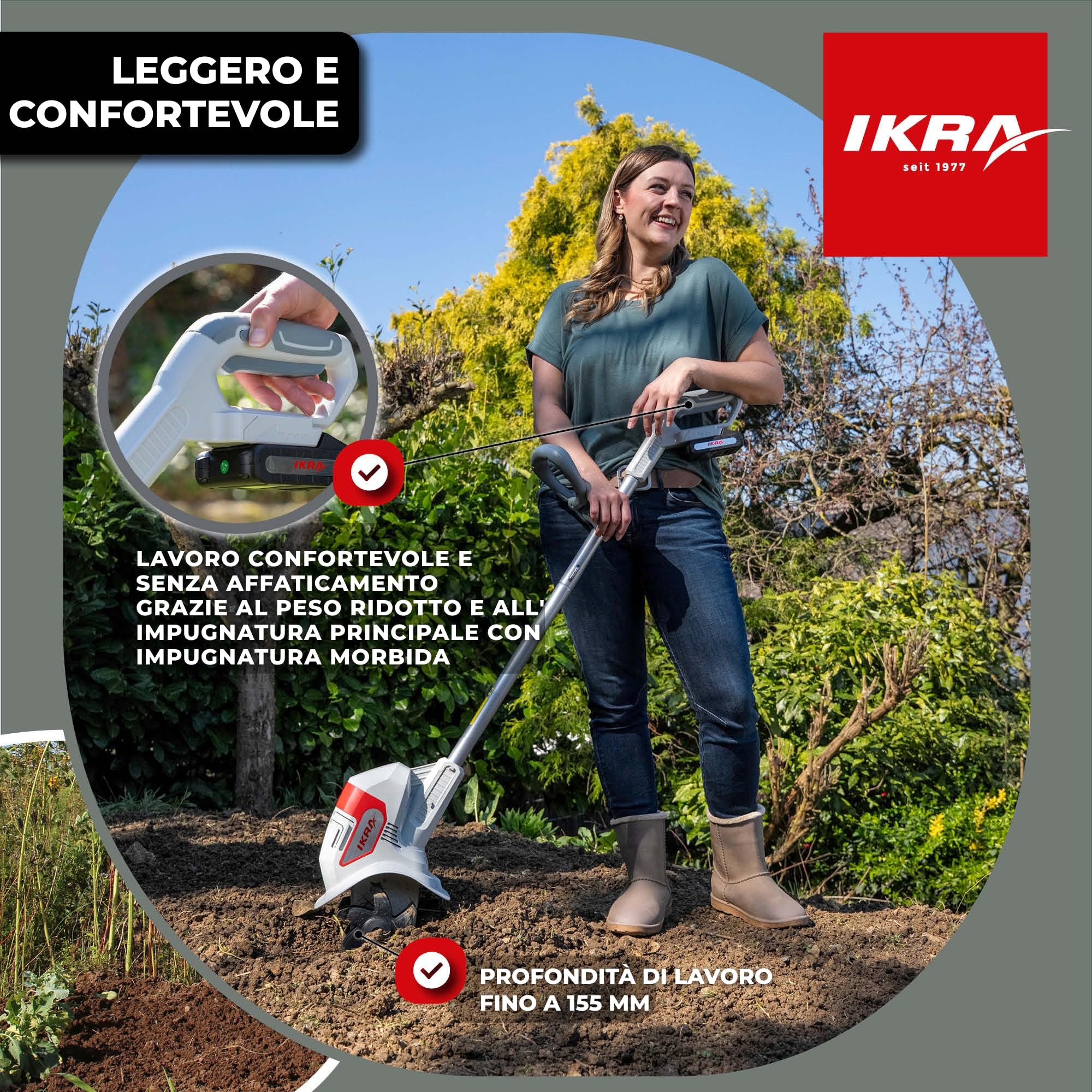 IKRA motozappa IAMH 20, larghezza 19cm, batteria e caricabatterie inclusi | Profondità di lavoro fino a 15,5 cm, leggero, ingombro ridotto una volta riposto, compatibile con batterie 20 V di IKRA