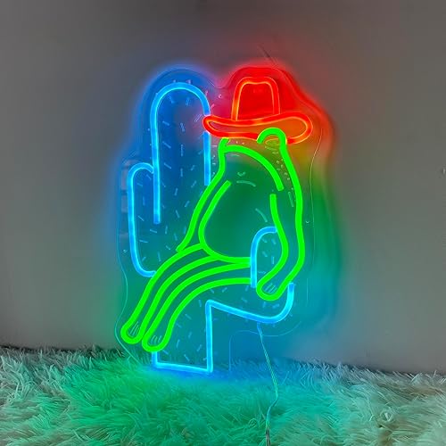 Letreros de neón de cactus de rana, divertidos letreros LED de cactus sentado de rana, luces de neón regulables hechas a mano, lámpara de vaquero