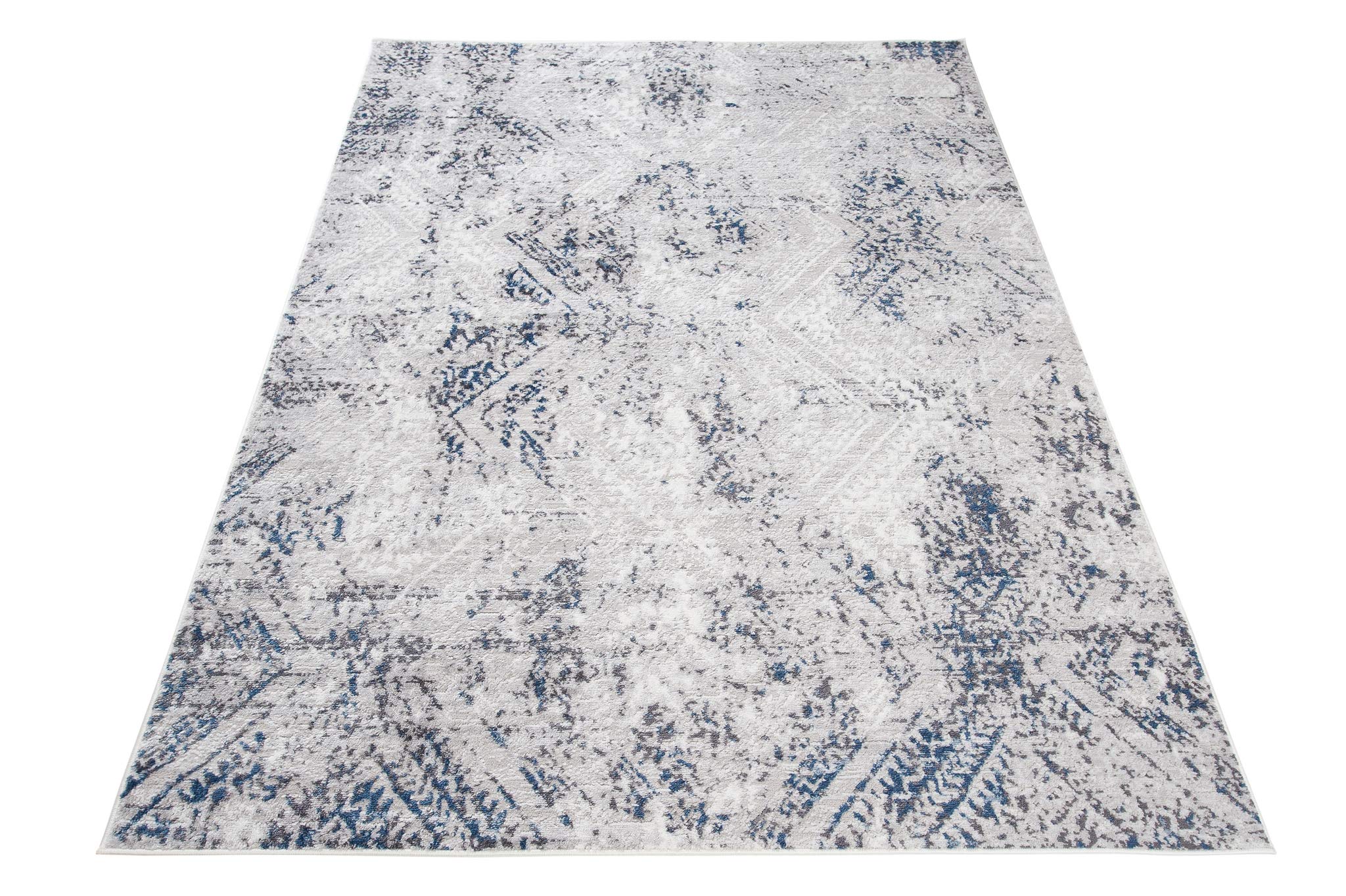 TAPISO Sky Tapis de Salon Chambre Salle à Manger Adulte Bureau Design Moderne Bleu Foncé Gris Vintage Moucheté Géométrique Motif Losanges Poil Court Moelleux 140 x 200 cm