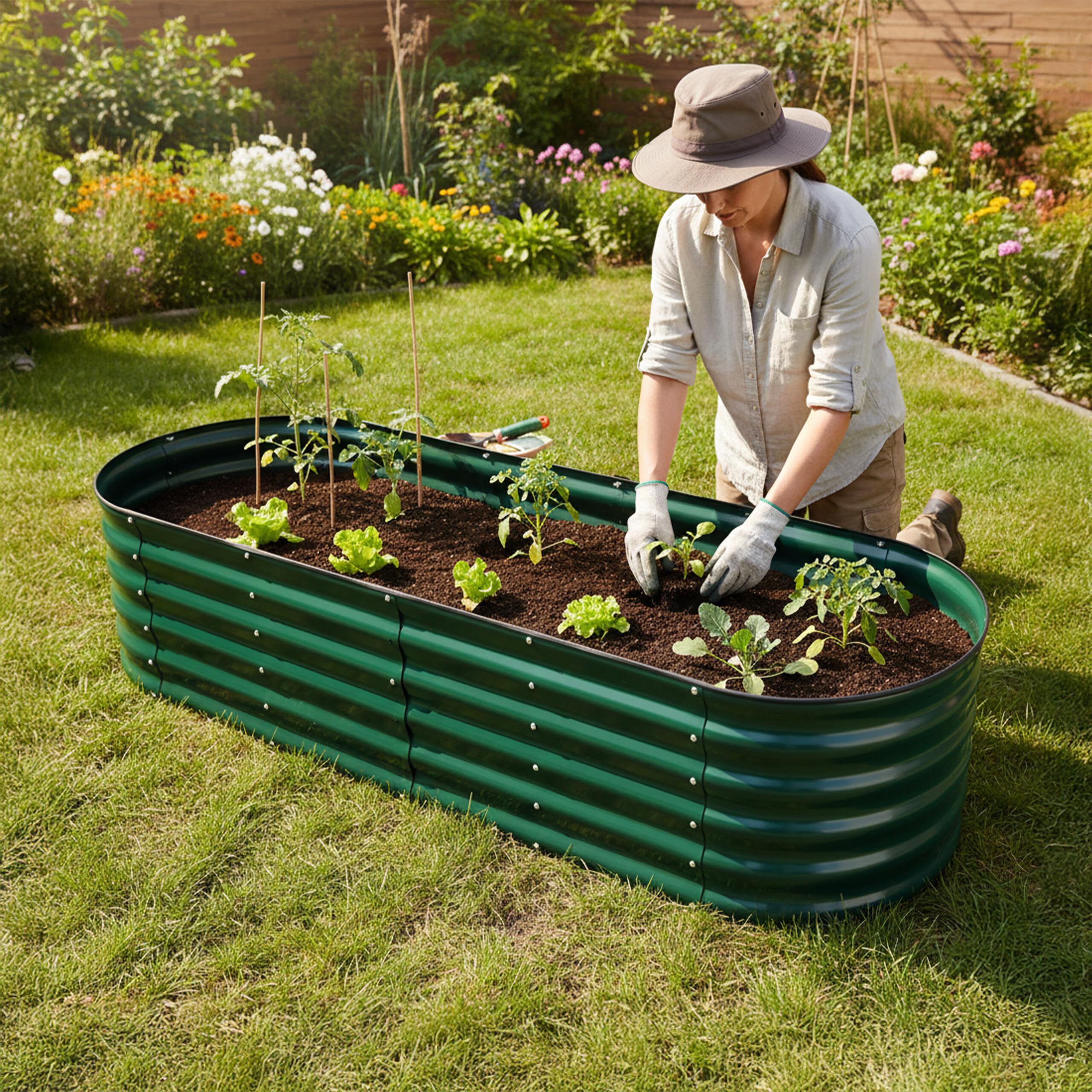 Relaxdays Bac Potager surélevé, métal galvanisé, 45 x 150 x 60 cm, Ovale, Vert, pour Fleurs, Plantes et légumes