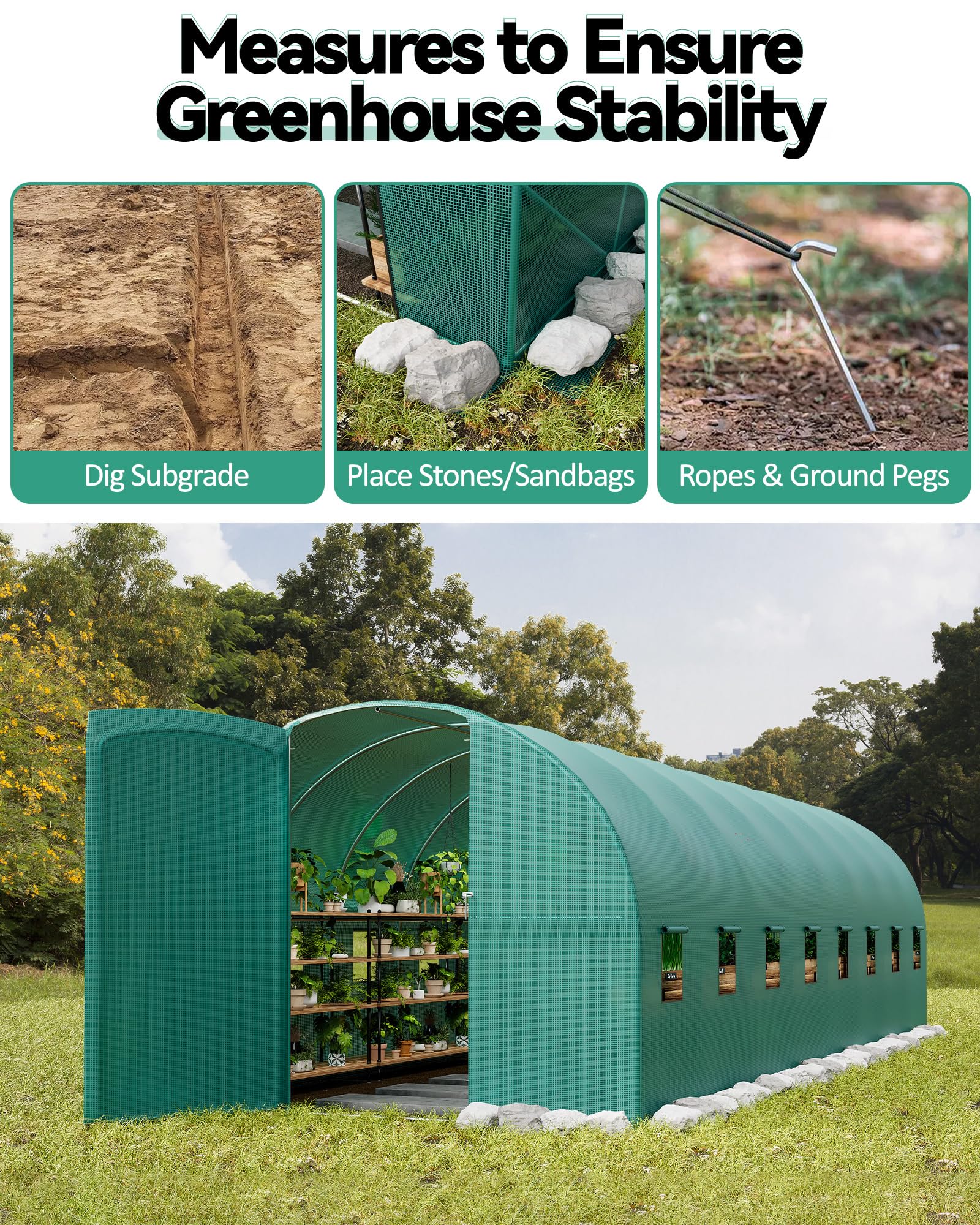 Serra tunnel da esterno 15x7x7 ft in acciaio zincato rinforzato - Copertura PE robusta - 8 finestre ventilate - Porta a battente - Perfetta per orto e verdure tutto l'anno - Cancello in ferro