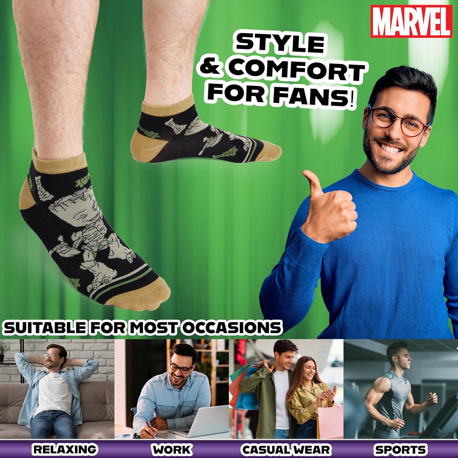 Marvel Socks for Men, Teens US Size 7–11, 5 Pack Casual Ankle Sports Socks, Groot Guardians of the Galaxy Gifts