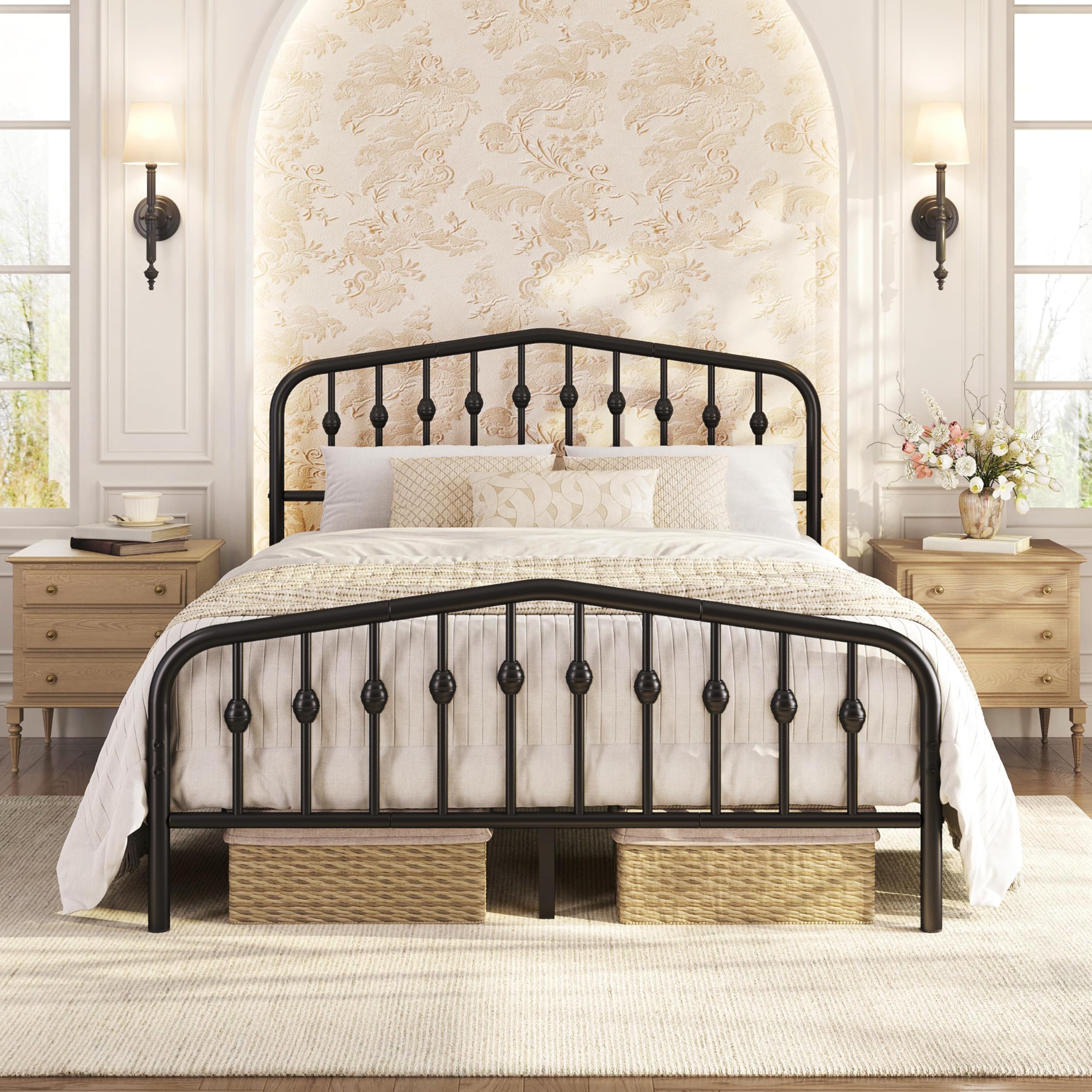 Yaheetech Queen Bed Frames Metal Platform Bed with Victorian Style Wrought Iron Headboard and Footboard/Easy Assembly/No Box Spring Needed/Black Queen Bed
