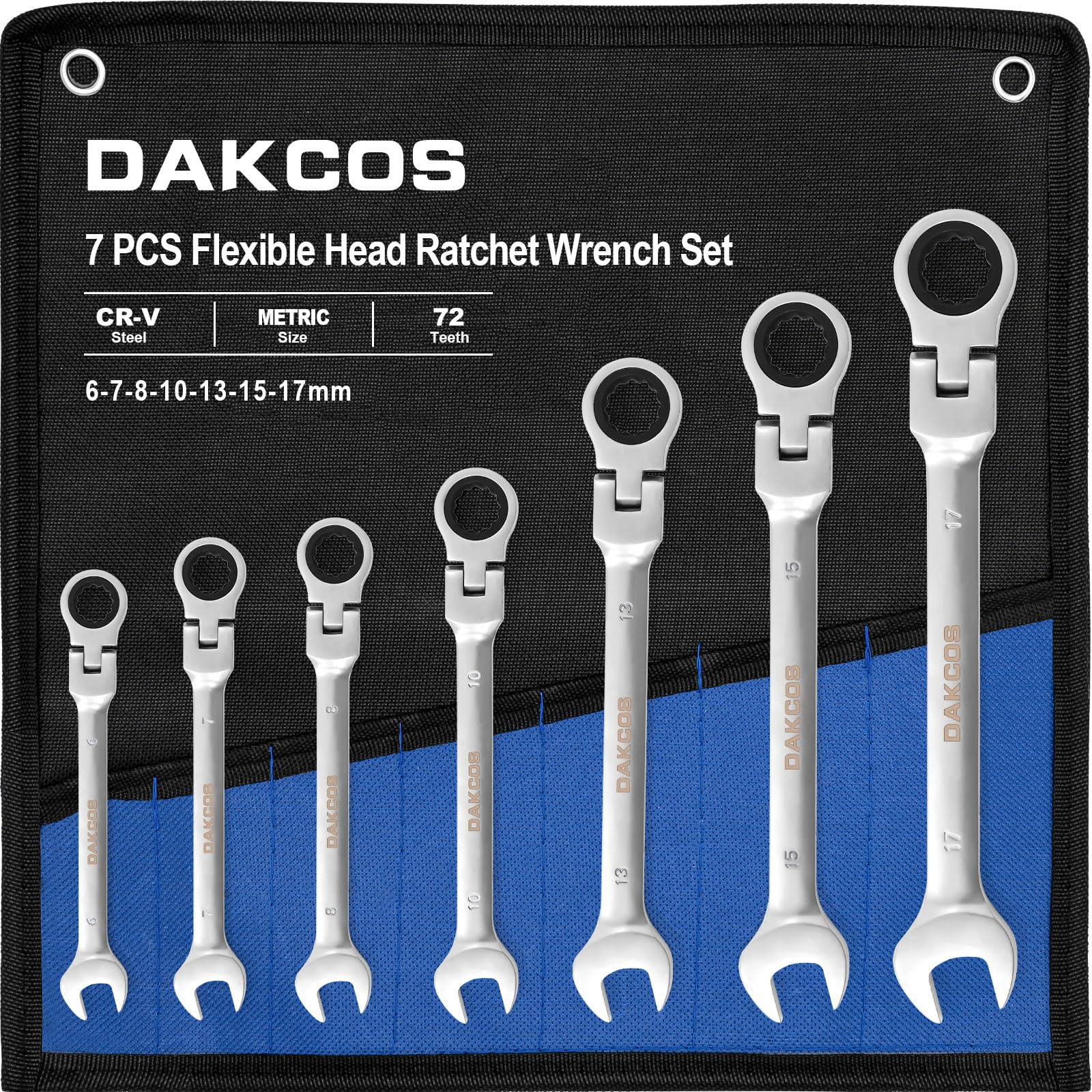 Dakcos Chrome Flexible Head Ratchet Wrench Set 7 Pieces Metric 6Mm, 7Mm, 8Mm, 10Mm, 13Mm, 15Mm, 17Mm Combination Wrench Spanner Set Cr-V