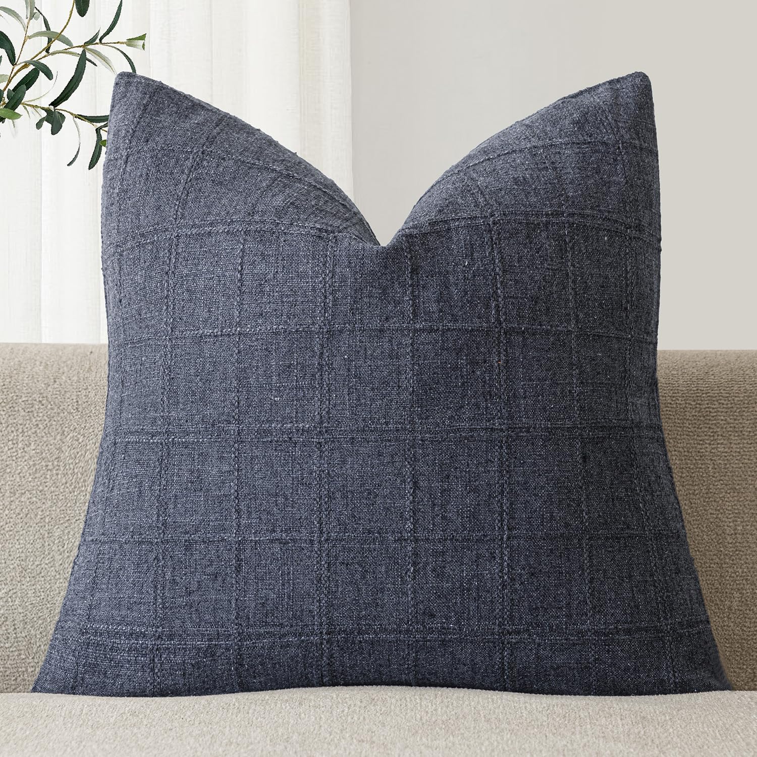 Foindtower Set of 1 Decorative Linen Check Throw Pillow Cover Neutral Farmhouse Vintage Cushion Cover Modern Boho Home Decor for Sofa Chair Couch Bedroom Living Room,20×20 Inch,Navy Blue
