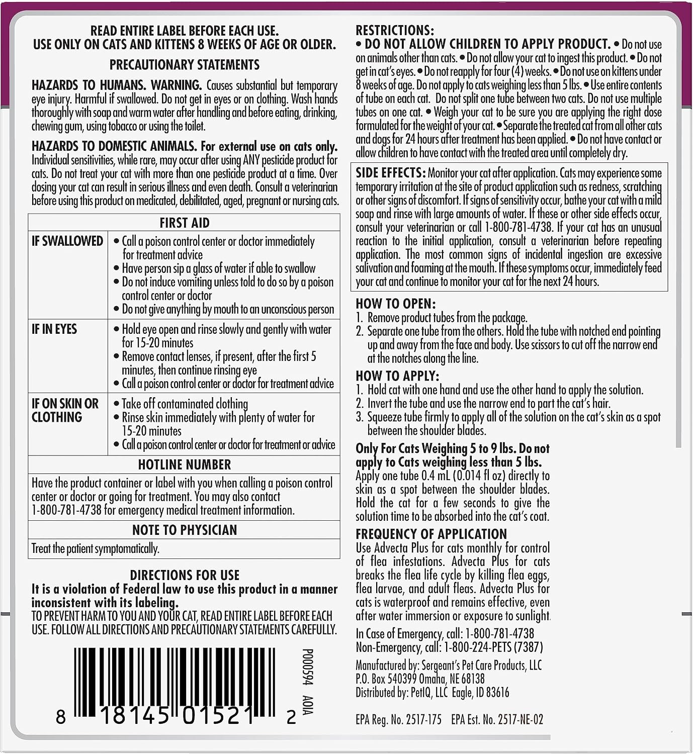 Advecta Plus Flea and Tick Prevention For Cats, Cat and Kitten Treatment & Control, Small and Large, Fast Acting Waterproof Topical Drops, 4 Doses