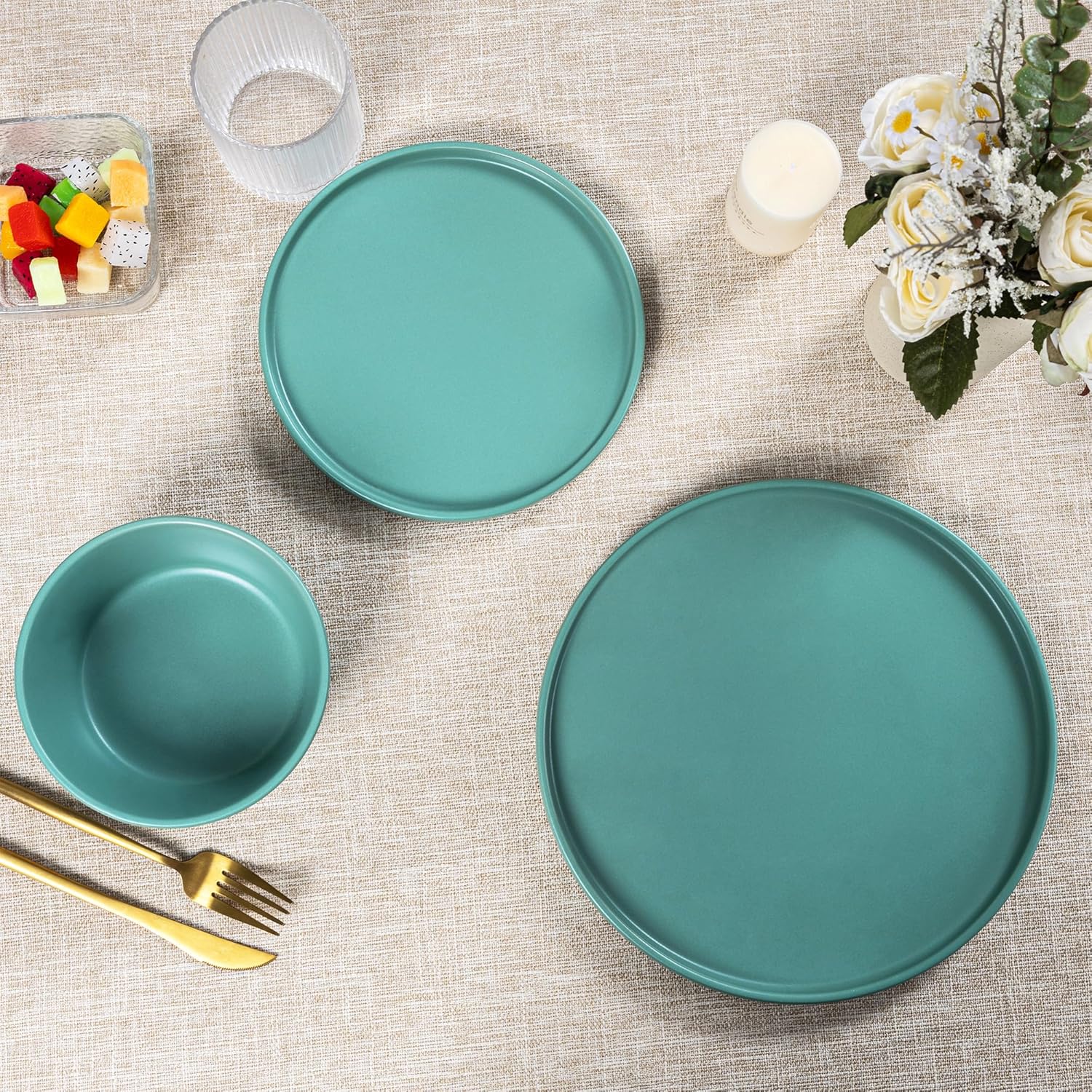 Dinnerware Sets for 4 - CJDC-QUELO 12-Piece Stoneware Plates and Bowls Sets, Ceramic Dishware Sets for Kitchen Use and Formal Dining, Chip and Scratch Resistant Microwave Dishwasher Safe, Green - Image 8