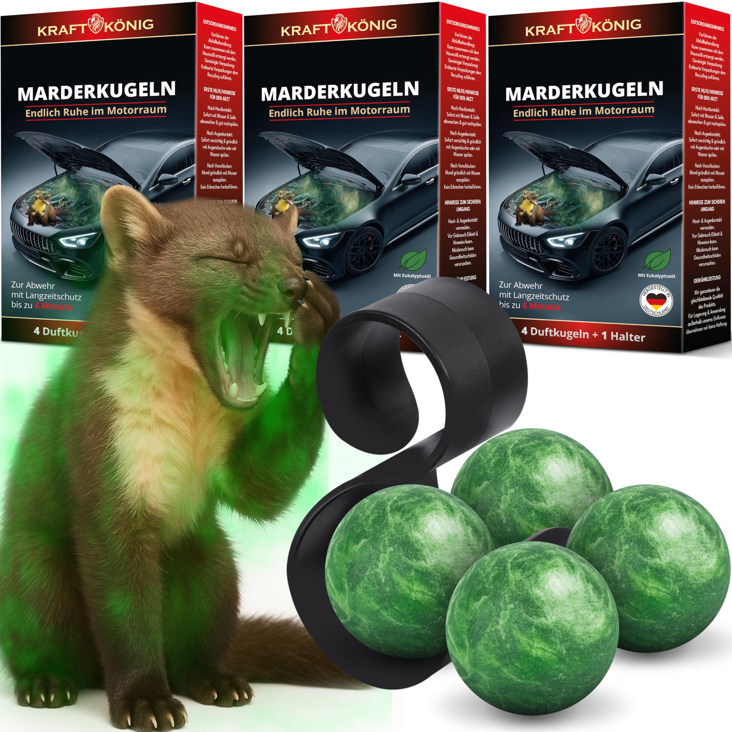 KRAFTKÖNIG Marderschreck Auto (3er Pack) – 4X Marderkugeln mit Halterung – Hochwirksamer Duft gegen Marder im Motorraum – Reduziert das Kabelbiss-Risiko bis zu 6 Monate – Marderabwehr Auto