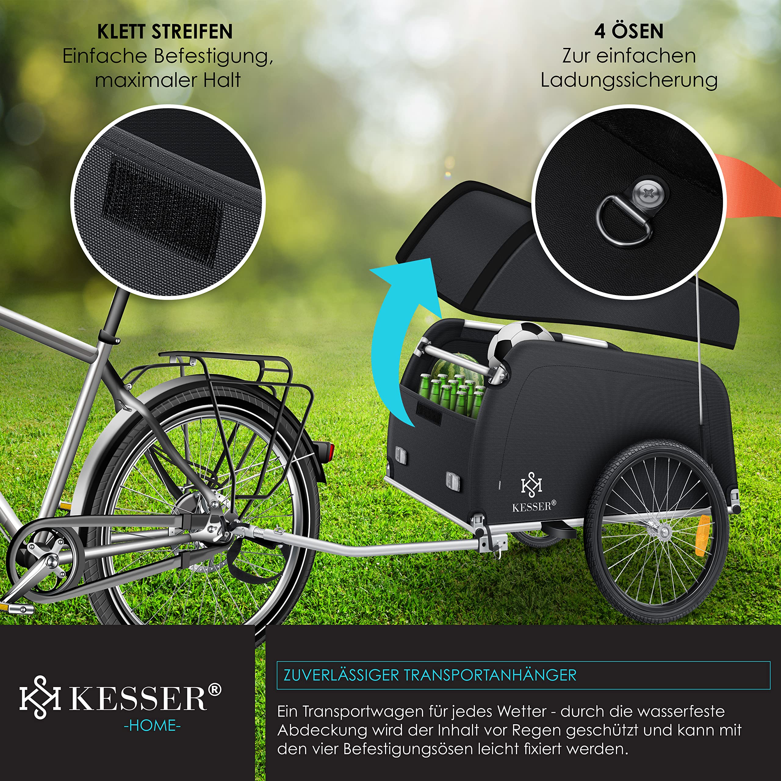 KESSER® Fahrradanhänger Lastenanhänger Transportanhänger Hochdeichsel mit Kupplung, Inkl. Abdeckung Klappfunktion Hochdeichsel Anhänge für Fahrrad Transportbox mit 120 Liter