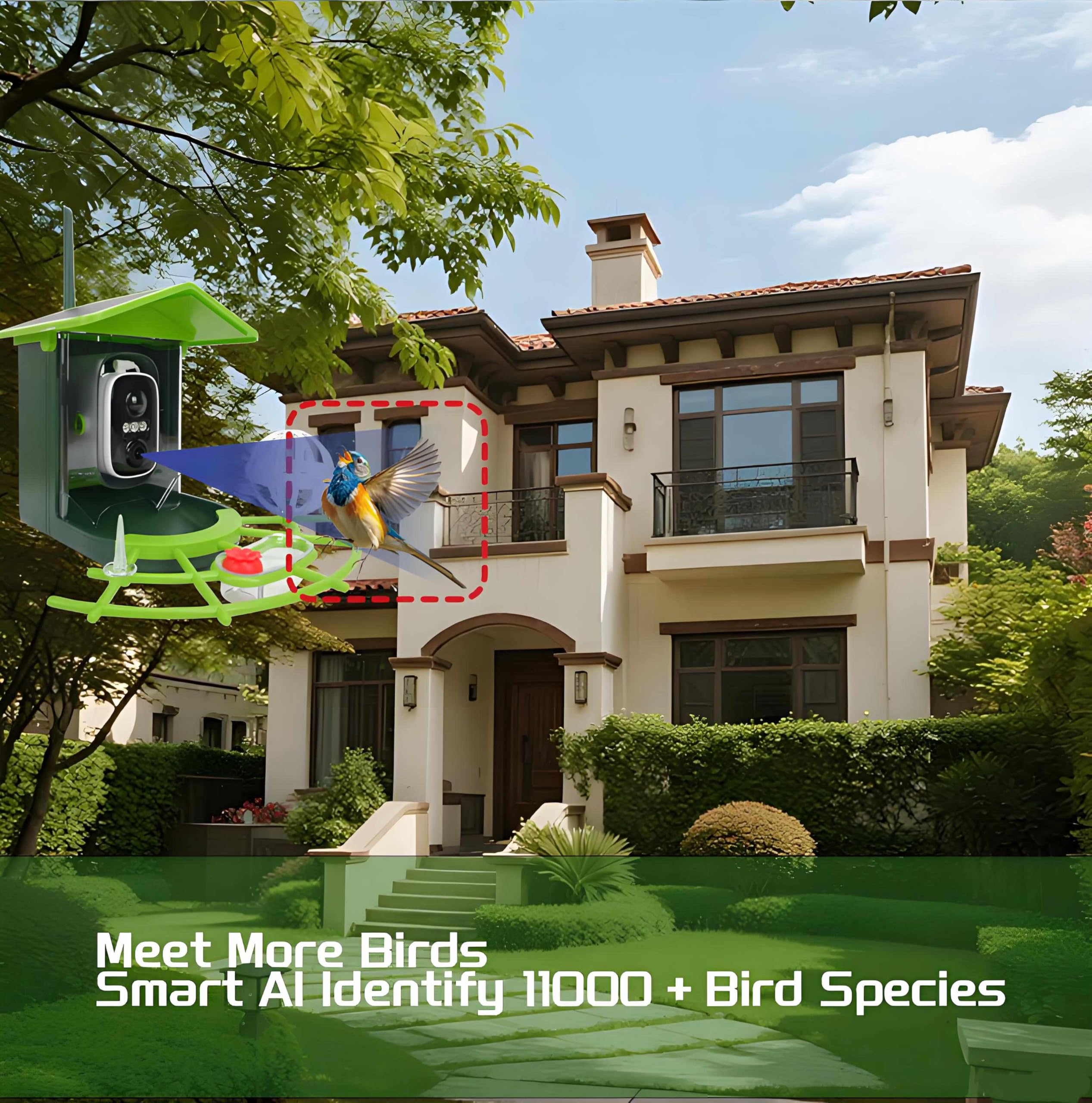 Comedero Pájaros Inteligente Solar 4G Cámara HD Reconocimiento IA 4MP Visión Nocturna 128GB Almacenamiento Estación Impermeable Conexión Celular para Jardín Bosque