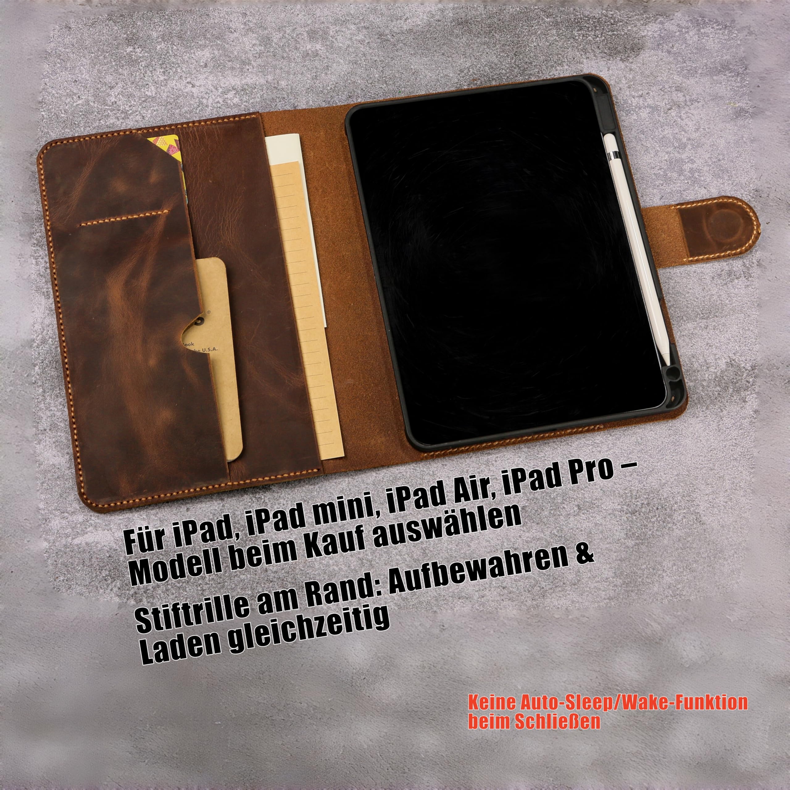 Personalisierbare Leder-Organizer-Hülle mit Standfunktion für iPad/iPad mini/iPad Air/iPad Pro, Vollnarben-Pull-Up-Leder, handgenähte Sattlernaht, Kartenfäche