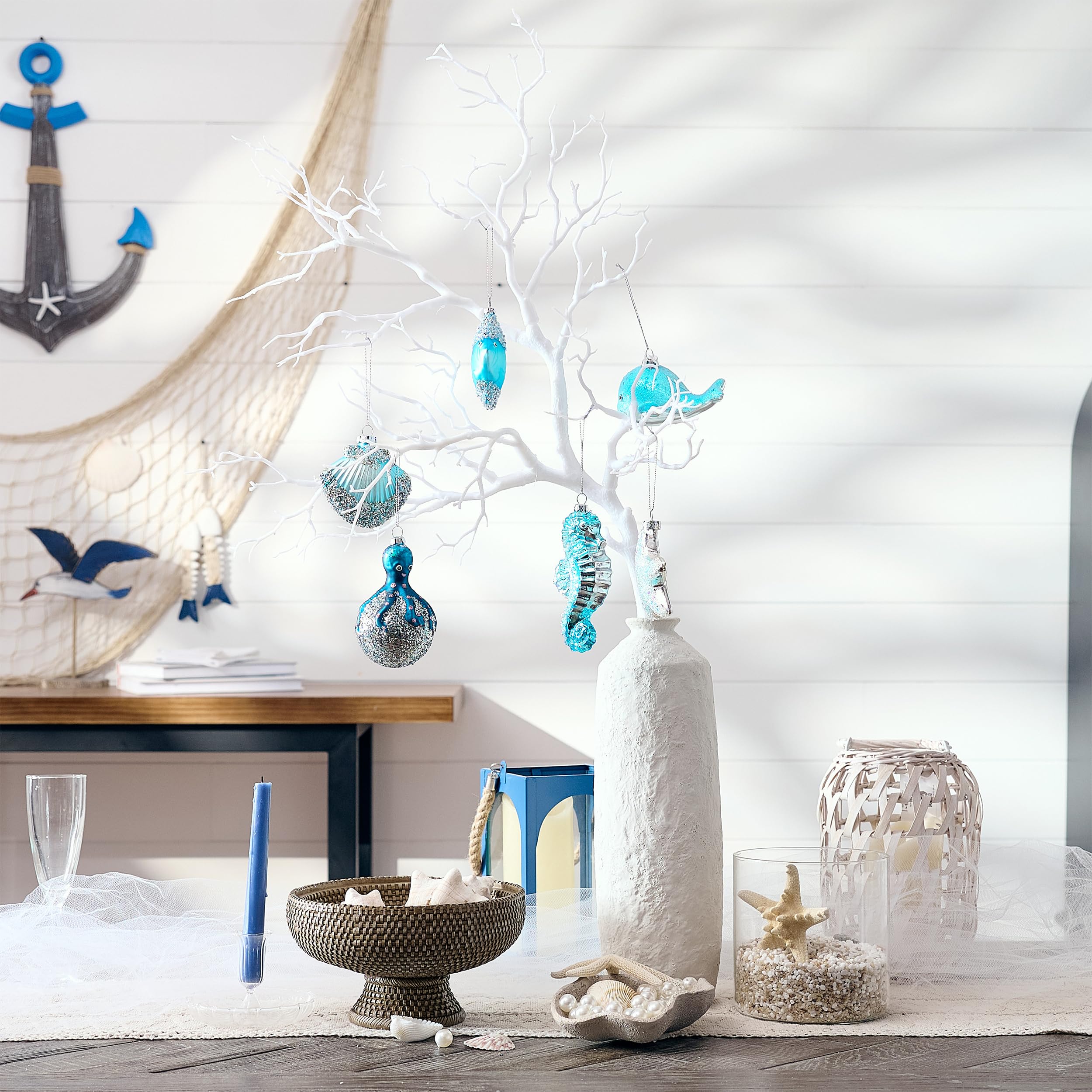 Valery Madelyn Coastal Christmas Ornaments Set – 8-Piece Light Blue & Silver Blown Glass Beach Decor For Summer, July, Or Holiday Trees