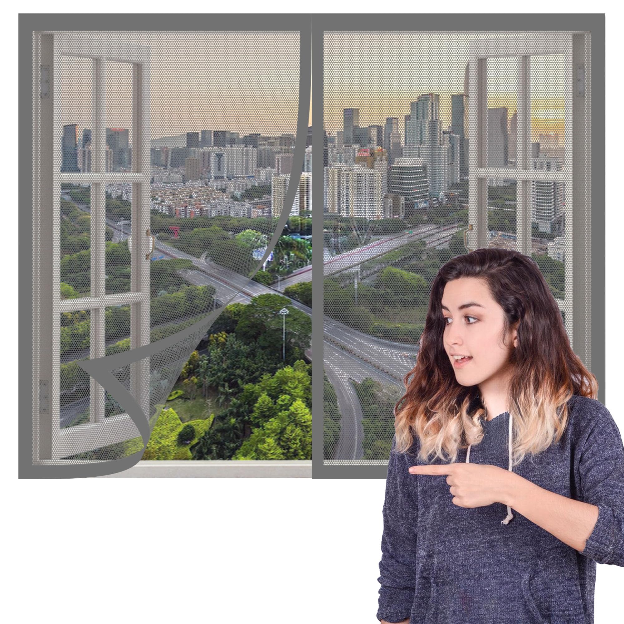 Magnetic Fly Screen Window Adjustable 175 x 95 cm with Selfadhesive Silent Insect Mesh that Close Automatically Easy Installation for Windows Doors and Patio Screens, Grey