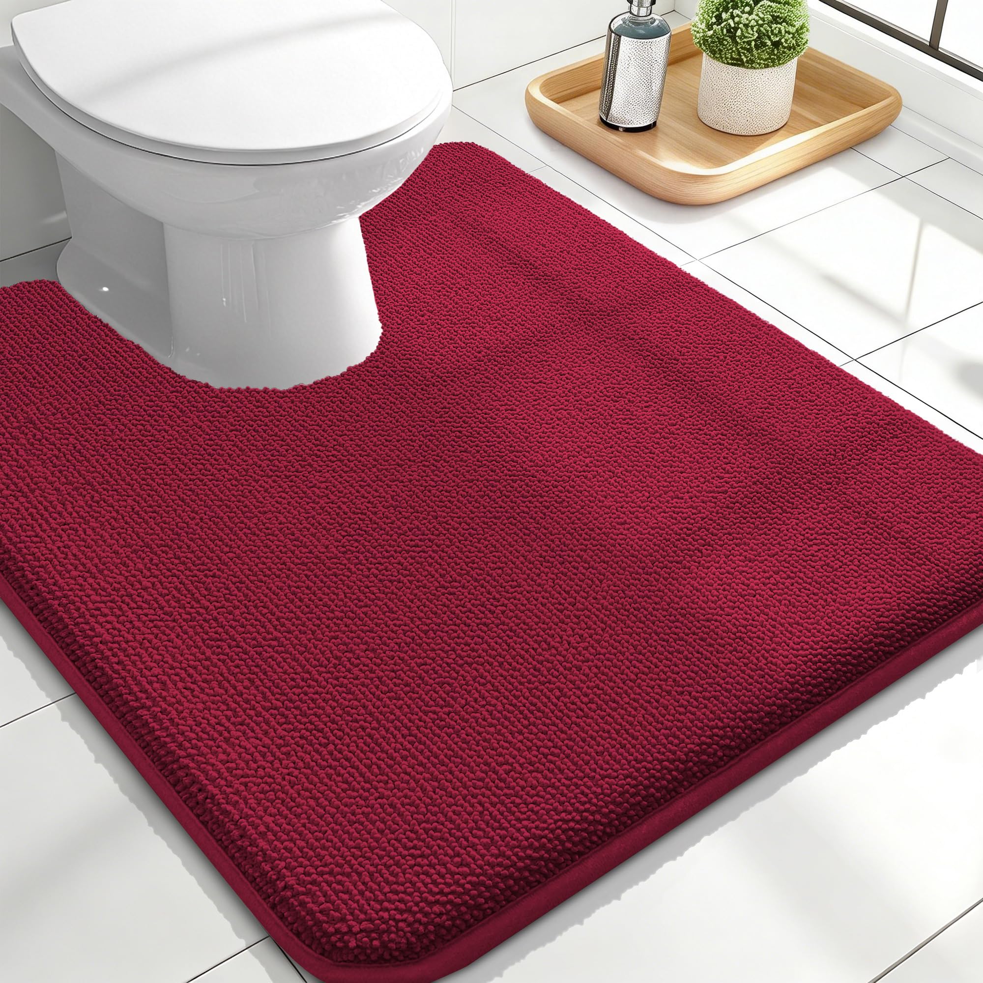 OLANLY Memory Foam Bathroom Toilet Rugs U-Shaped 24x20,Soft Mat, Burgundy