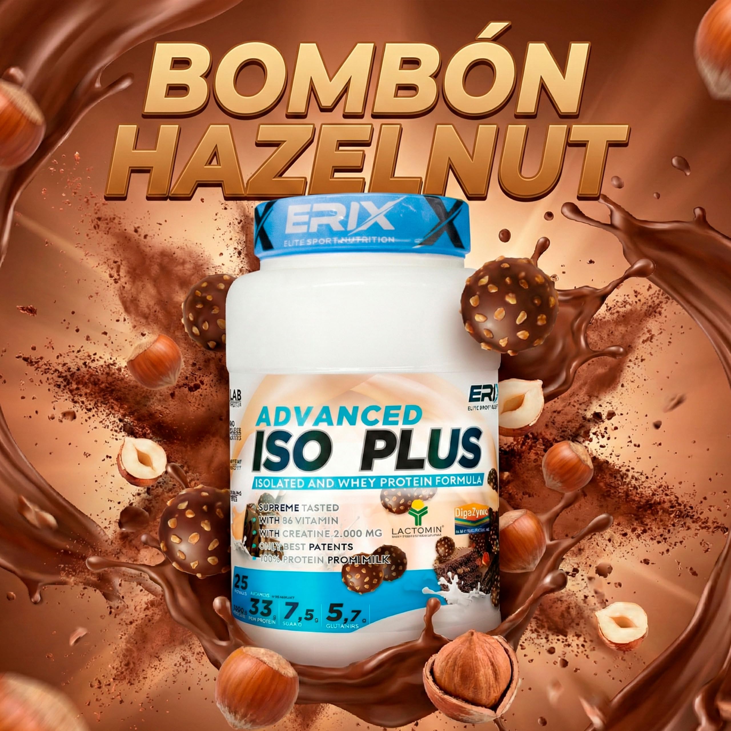 ERIX Nutrición Pack ISO Advanced Plus 2kg+ Creatina Monohidrato 300g+ Shaker Blanco, Proteína Aislada Isolate para Recuperación y Crecimiento Muscular, Musculación (Bombón Hazelnut)