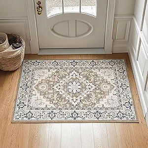 Lofus 2x3 Washable Rug for Entryway Bathroom, Non Slip Kitchen Mats for Floor, Vintage Soft Door Mat Indoor Entrance, Small Area Rugs, Farmhouse Carpet for Entry Living Room Bedroom, Floral Brown