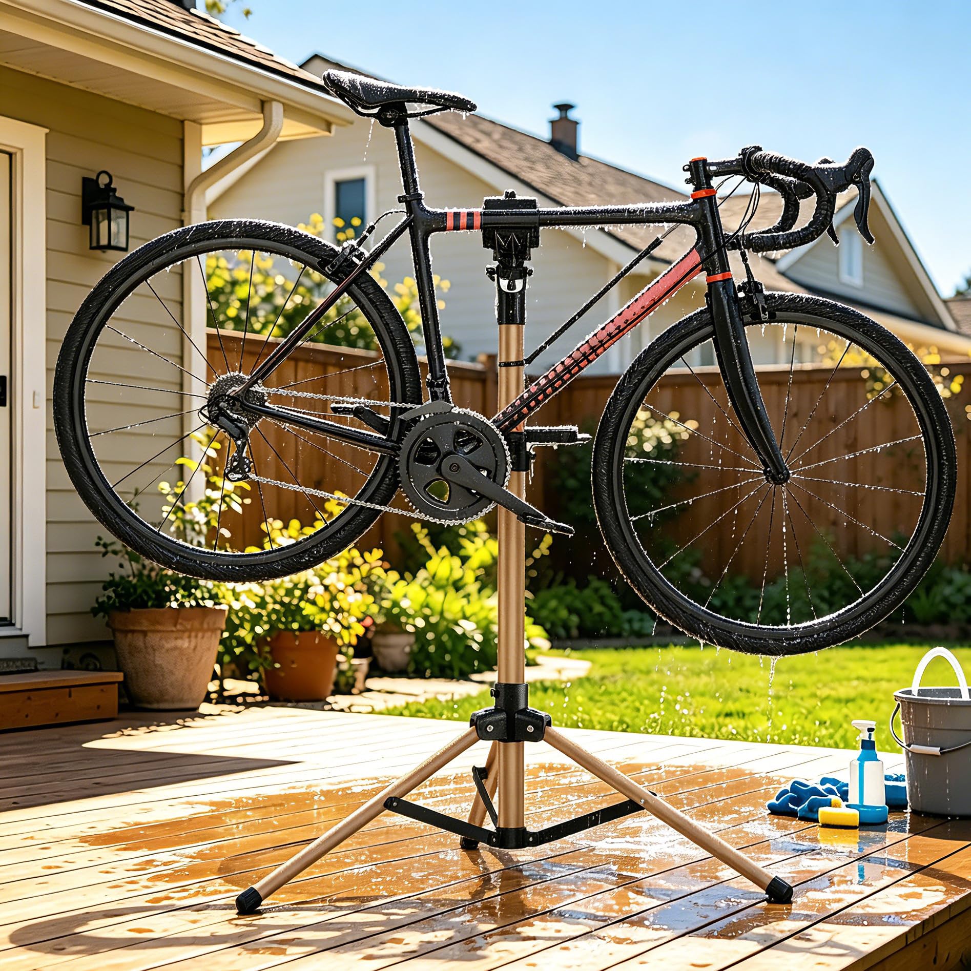 Cavalletto 3 Gambe Alluminio Riparazione e Montaggio Bici, Completamente Pieghevole, Doppio Blocco Sicurezza, Compatto, Ultraleggero, Ampio Vassoio Magnetico