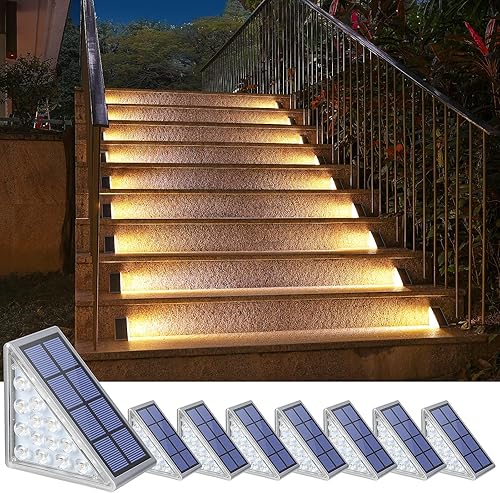 NIORSUN Luces solares para escalones, paquete de 8 luces para escaleras al aire libre, triángulo blanco cálido, luces solares de cubierta IP67,