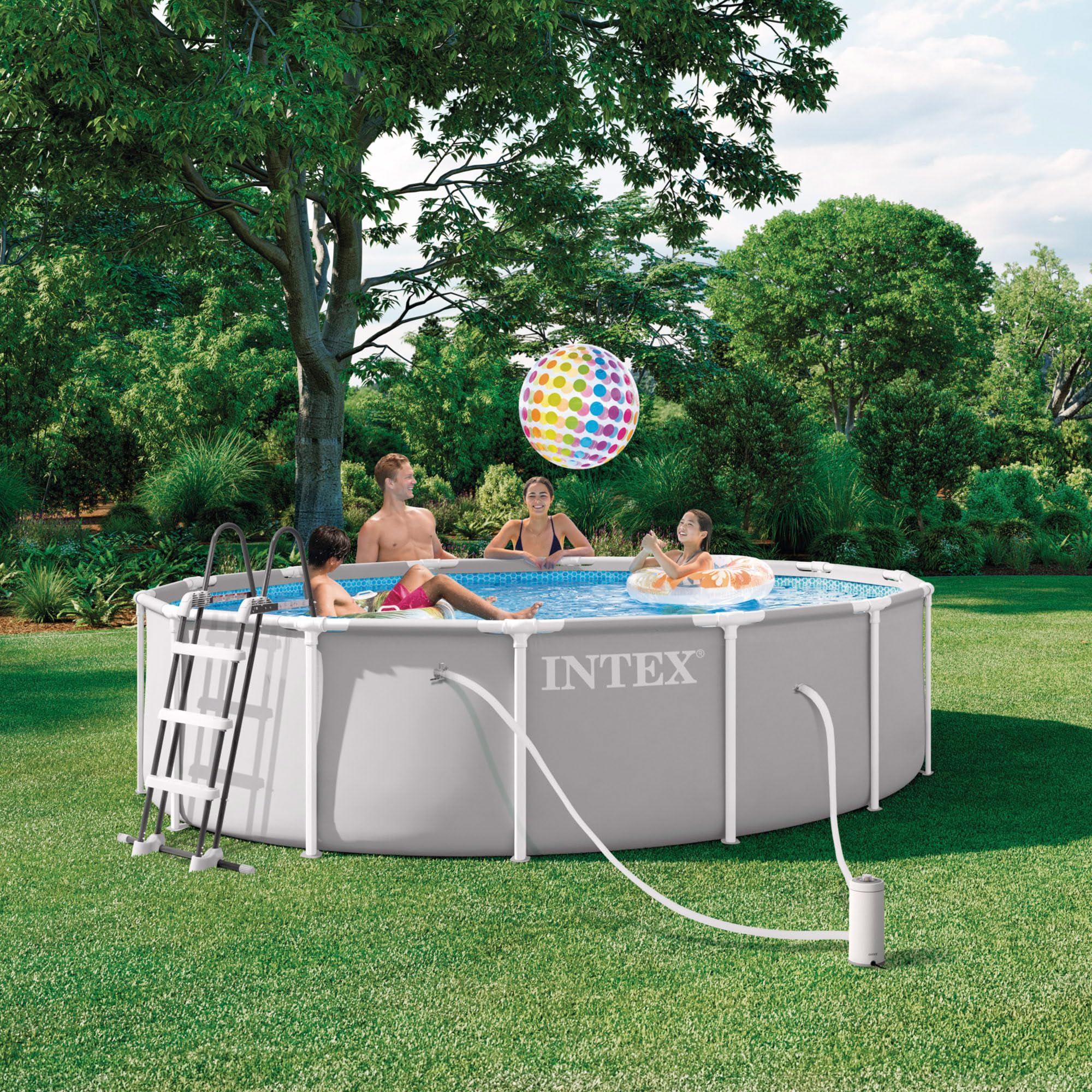 Intex - Piscina Desmontable, Gris, D427x107 cm, Capacidad para 12.706 litros, Escalera, Tapiz, Cobertor, Estructura metálica, Montaje 45 Minutos, Conexiones Ø32 mm (56083)
