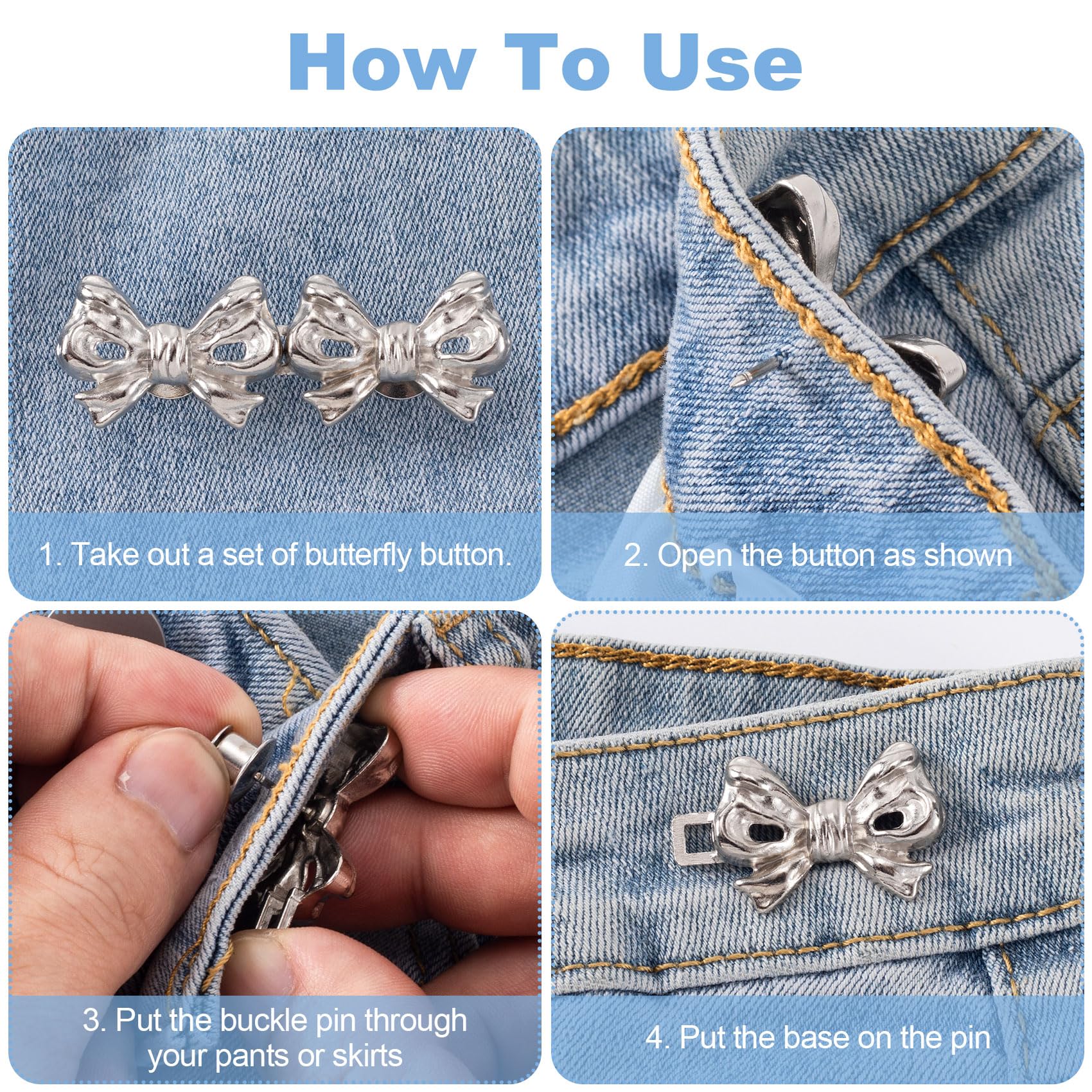 6 Sets Adjustable Waist Tightener Clips - No-Sew Bow Buttons For Pants & Skirts (Gold, Silver, Copper) - View #10