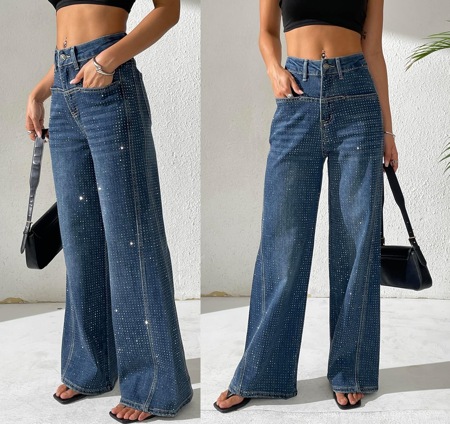 heipeiwa Women's Rhinestone Jeans Wide Leg Flare Denim Pants High Waist Sparkle Shiny Sequin Glitter Trouser - Image 4
