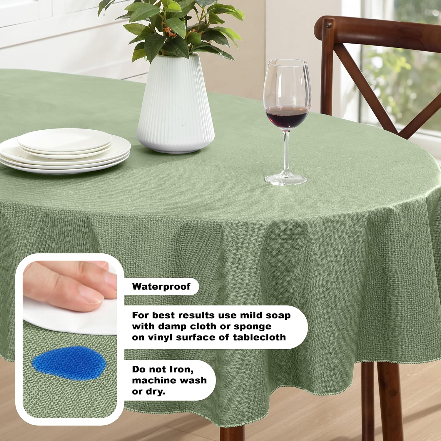 Lintex Cafe Hotel Linen Look Vinyl Flannel Backed Tablecloth, Heavyweight 4 Gauge, 60 x 84 Inch Oval, Sage Green Indoor Outdoor Waterproof Wipe Clean Table Cover