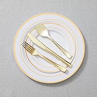 Vista 5 de N9R Juego de cubiertos de plástico dorado de 100 piezas, vajilla desechable de plástico dorado, 50 tenedores dorados, 25 cucharas doradas, 25