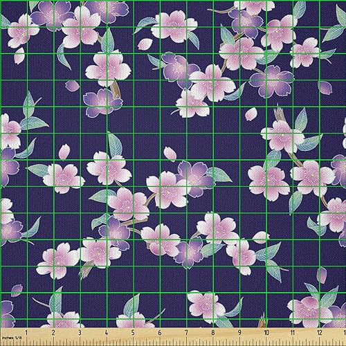 Miniatura 2 de Lunarable The Yard, Tela floral de cerezo japonés, ramas de Sakura con tema de primavera sobre un fondo azul oscuro, tela de microfibra para artes y
