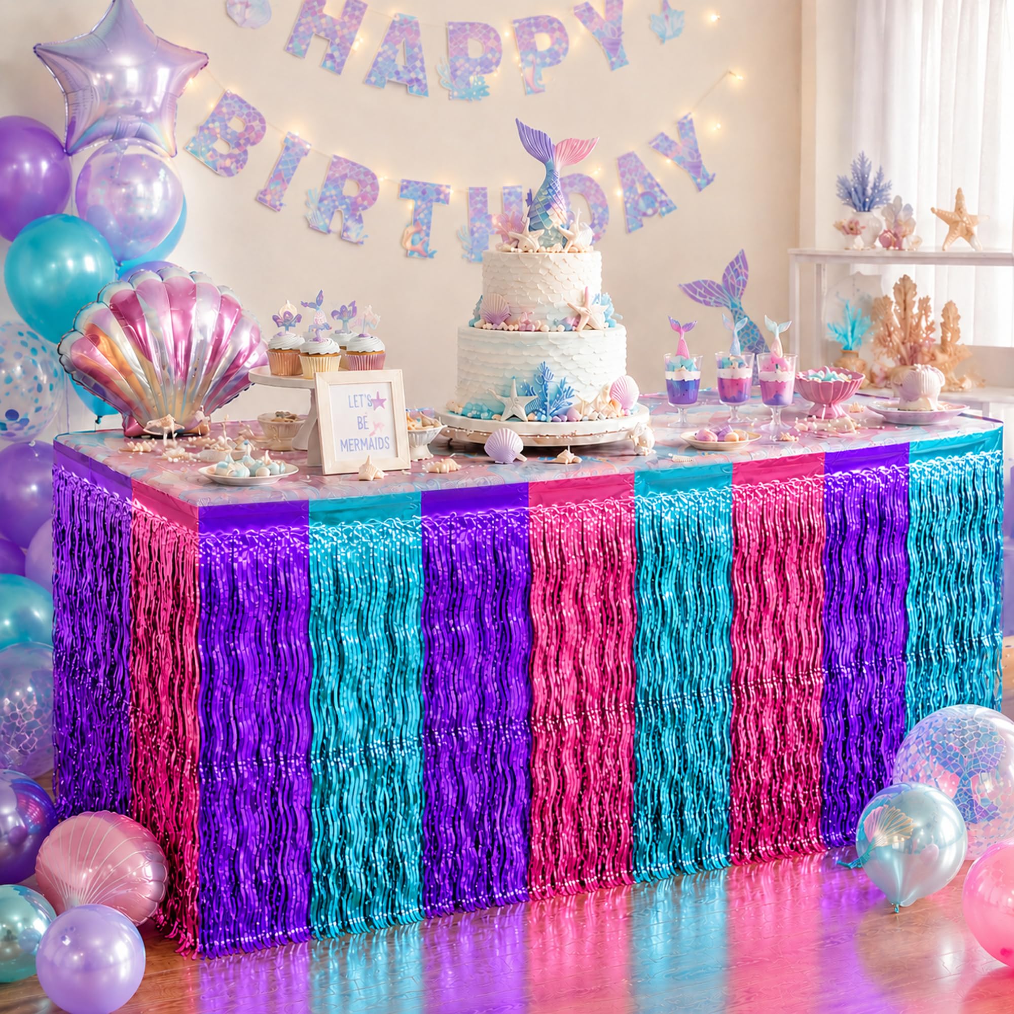 Purple Blue Pink Foil Fringe Table Skirt, 2-Pack Metallic Tinsel, 29x108 In