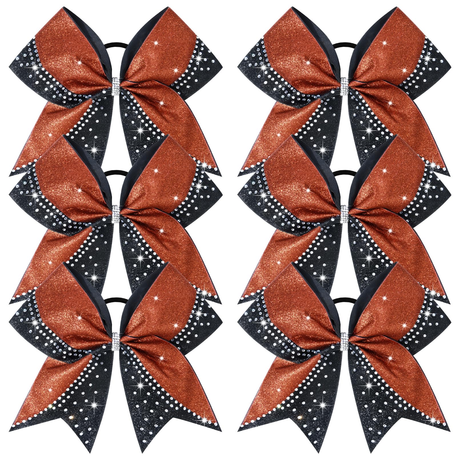 6PCS Glitter Cheer Bow Large Cheer Bows Rhinestones Hair Bows Girls 8"Cheerleading Bows Bulk Elastic Band Ponytail Holder for Teen Girls College