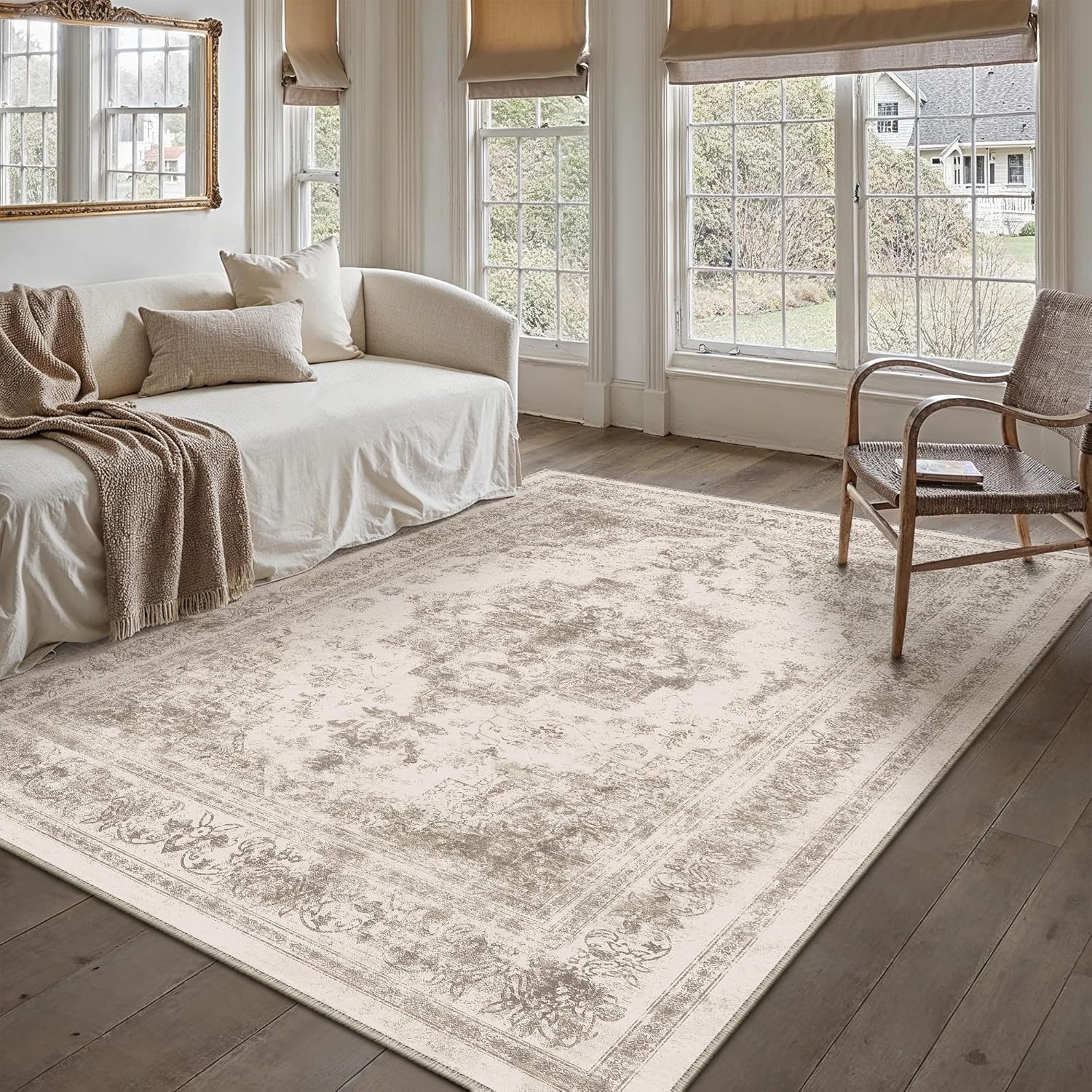 Area Rug 5x7 Beige Washable Living Room Carpet Non Slip Vintage Medallion Low Pile Soft Indoor Bedroom Retro