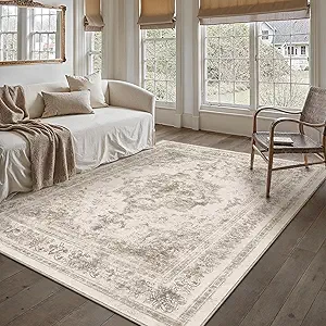 Area Rug 5x7 Beige Washable Living Room Carpet Non Slip Vintage Medallion Low Pile Soft Indoor Bedroom Retro Distressed Indoor Rug for Kitchen Home Office Laundry Dining Room