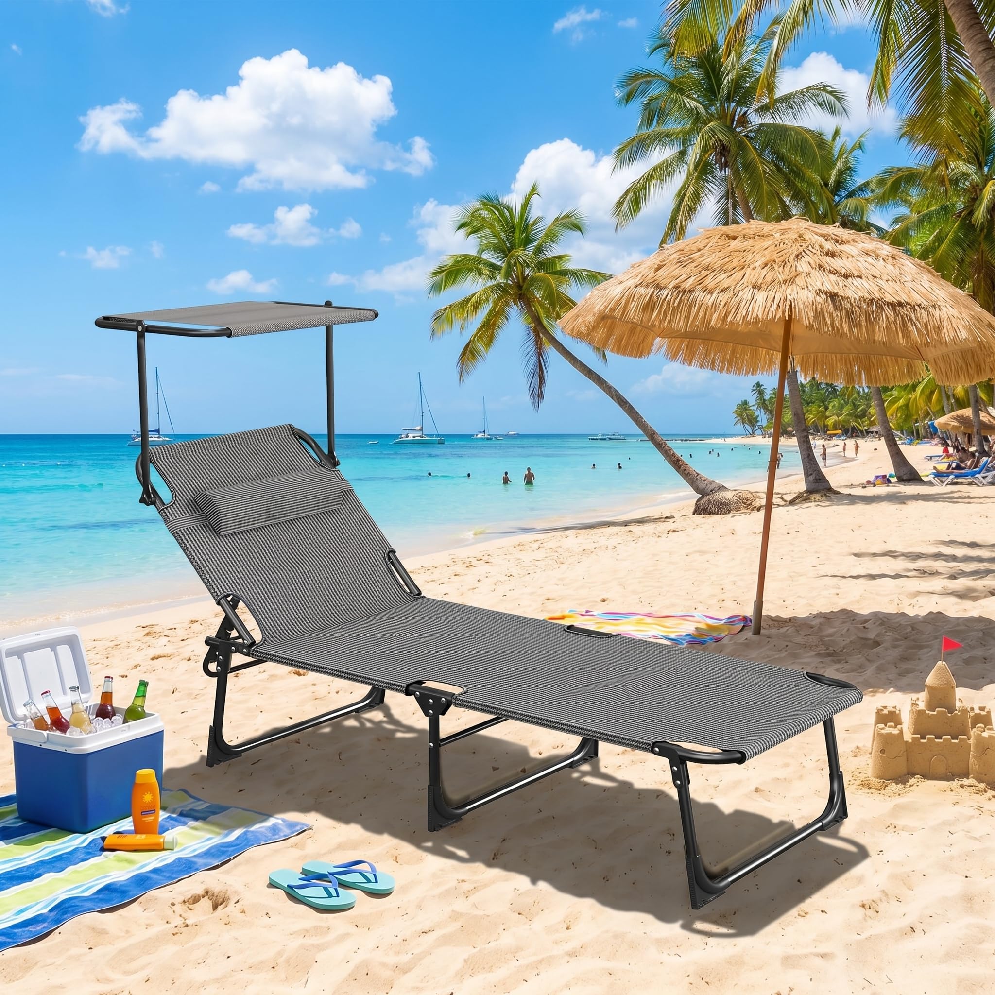 Sonnenliege klappbar mit Dach, Gartenliege 194 x 67,5 x 29 cm, Liegestuhl mit Verstellbarer Rückenlehne & Kopfkissen, Faltbare Campingliegefür Strand-Pool-Garten, bis 120 kg, Schwarz
