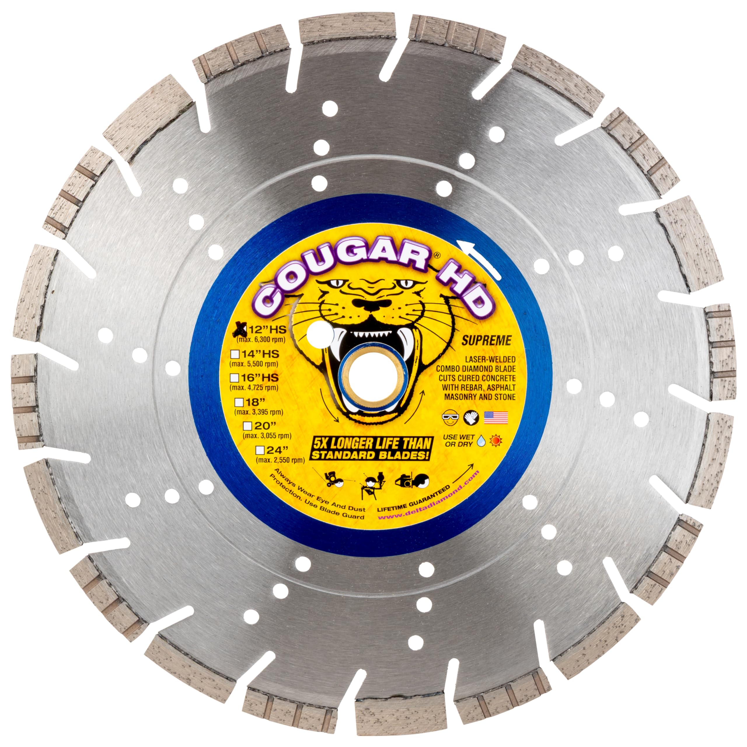Delta Diamond Cougar HD 12 Inch Diamond Saw Blade, Supreme Grade, for Reinforced Concrete with Rebar, Masonry, Stone, Laser-Welded, Segmented-Turbo, .125 Width X 1"-20mm Arbor (12")