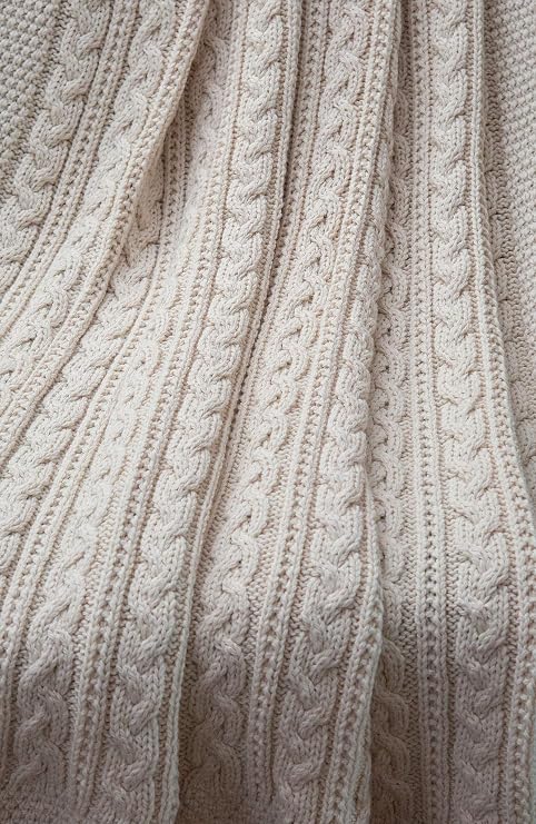 SAOL Knitwear Bed Scarf Runner Irish Chunky Cable Knit Throw Cover Made of Soft Wool Blend (Natural, King Bed)